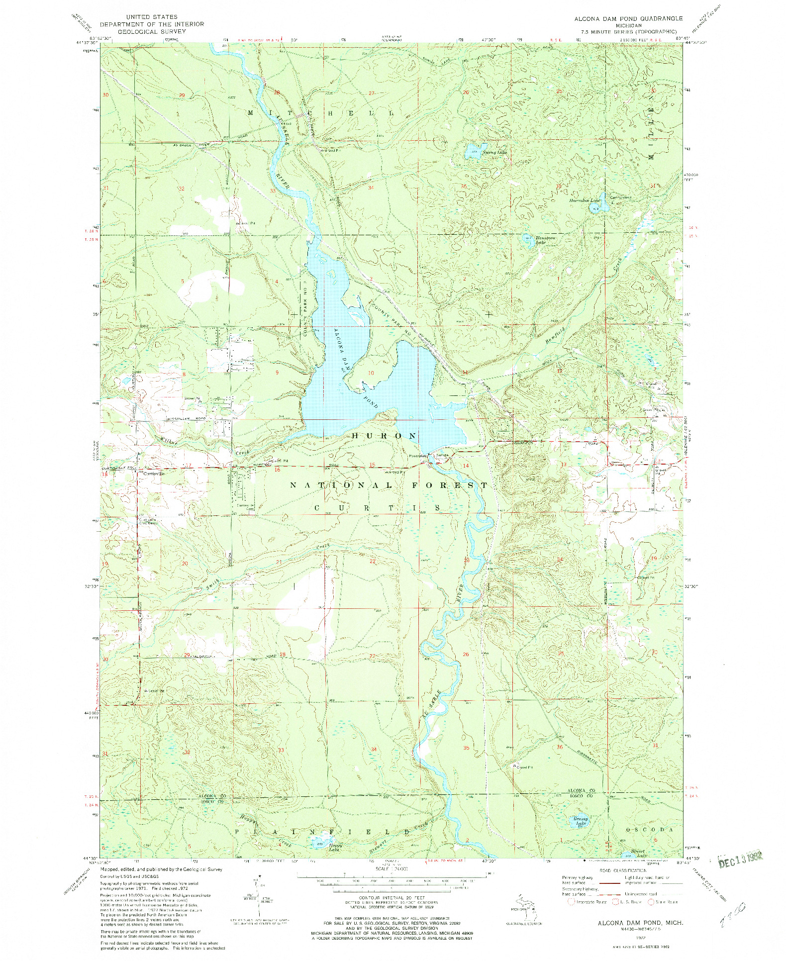 USGS 1:24000-SCALE QUADRANGLE FOR ALCONA DAM POND, MI 1972