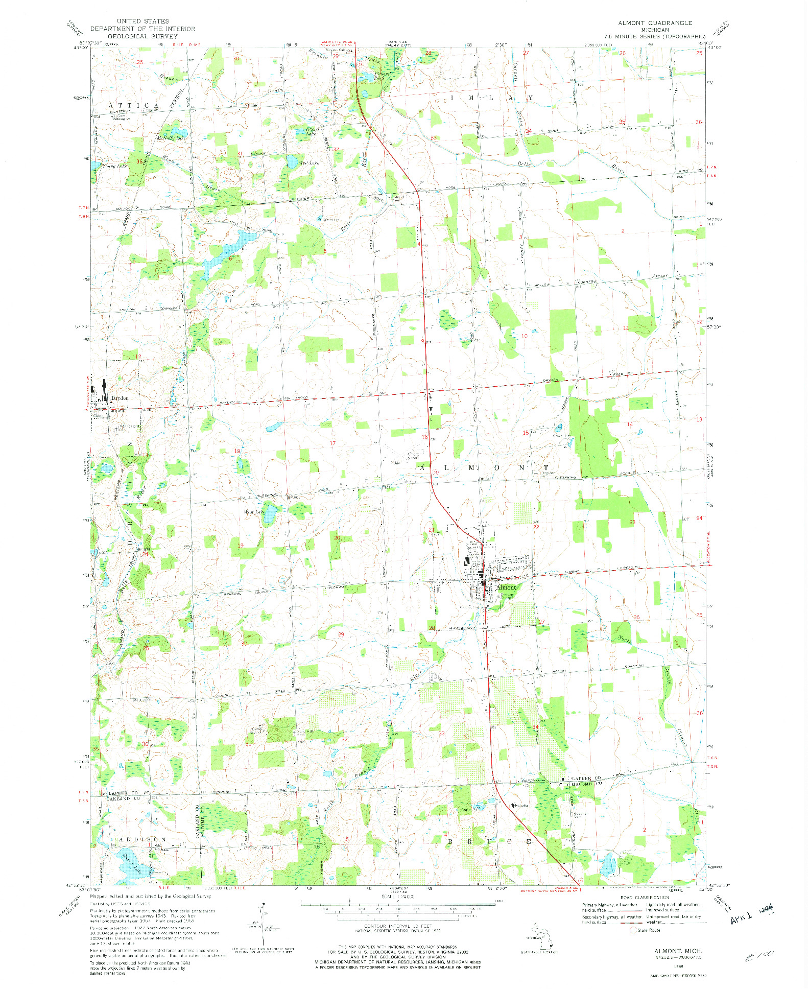 USGS 1:24000-SCALE QUADRANGLE FOR ALMONT, MI 1968