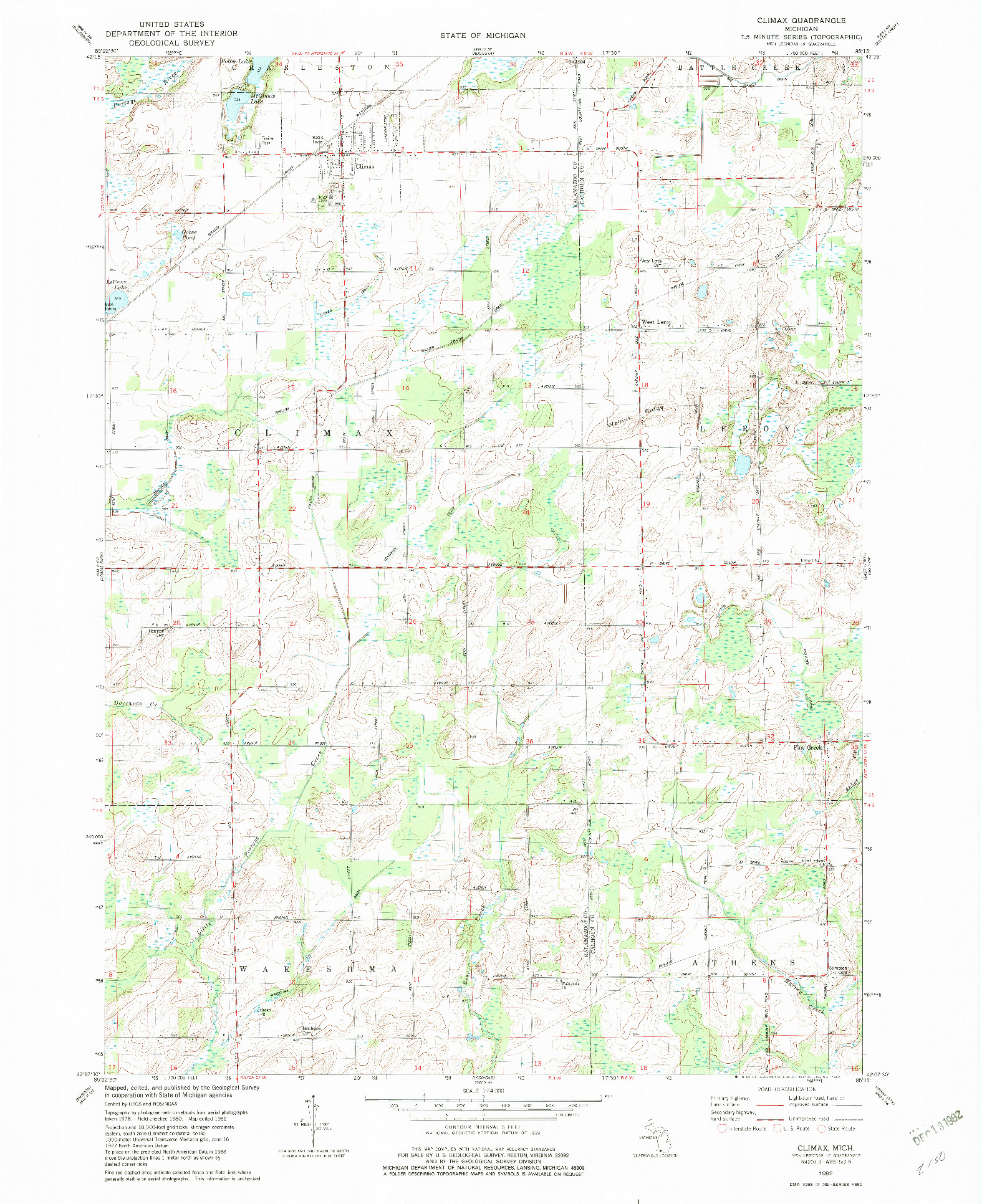 USGS 1:24000-SCALE QUADRANGLE FOR CLIMAX, MI 1982