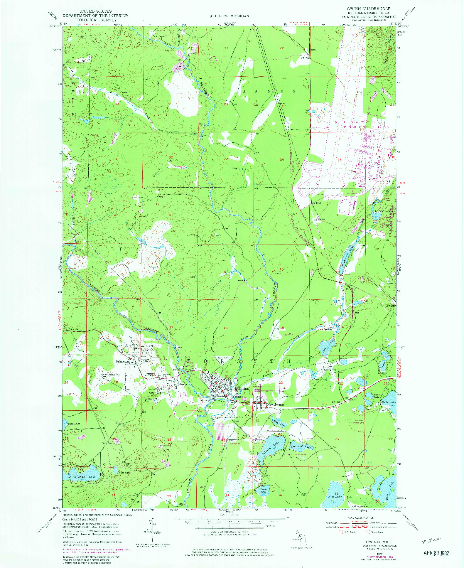 USGS 1:24000-SCALE QUADRANGLE FOR GWINN, MI 1952