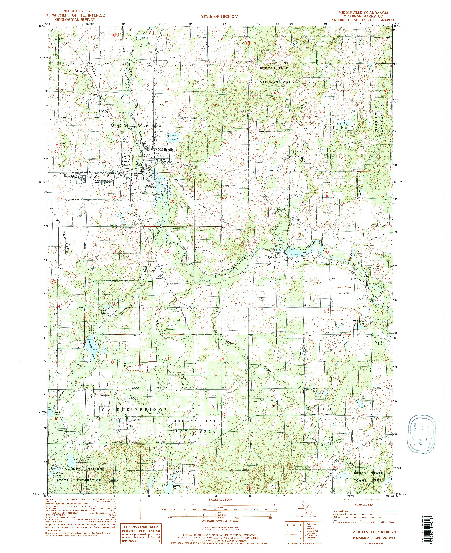 USGS 1:24000-SCALE QUADRANGLE FOR MIDDLEVILLE, MI 1982