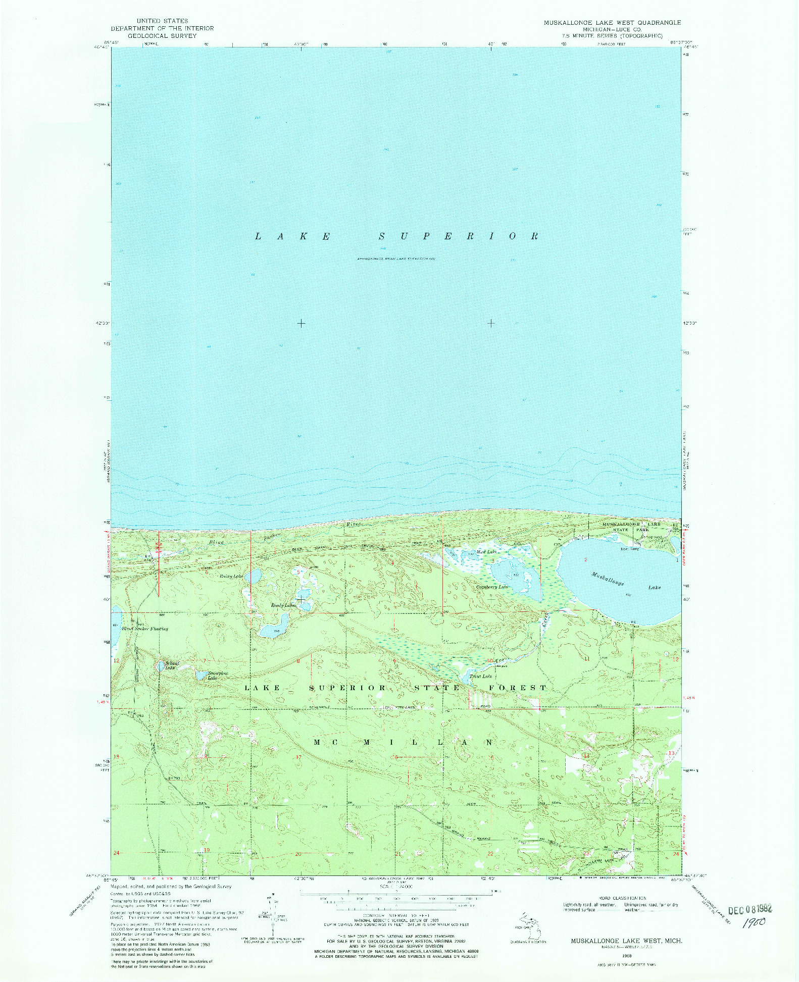USGS 1:24000-SCALE QUADRANGLE FOR MUSKALLONGE LAKE WEST, MI 1968