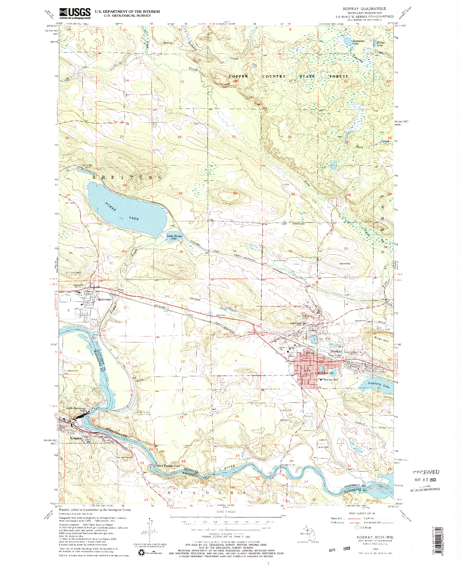 USGS 1:24000-SCALE QUADRANGLE FOR NORWAY, MI 1955