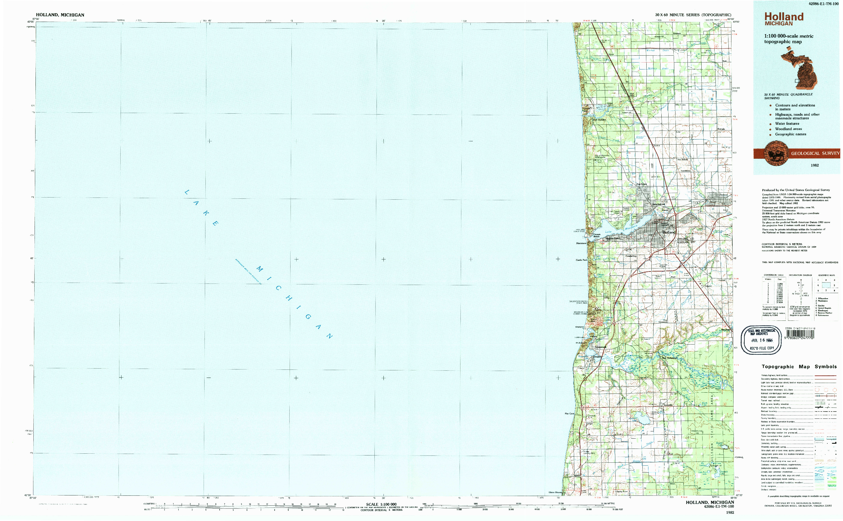 USGS 1:100000-SCALE QUADRANGLE FOR HOLLAND, MI 1982