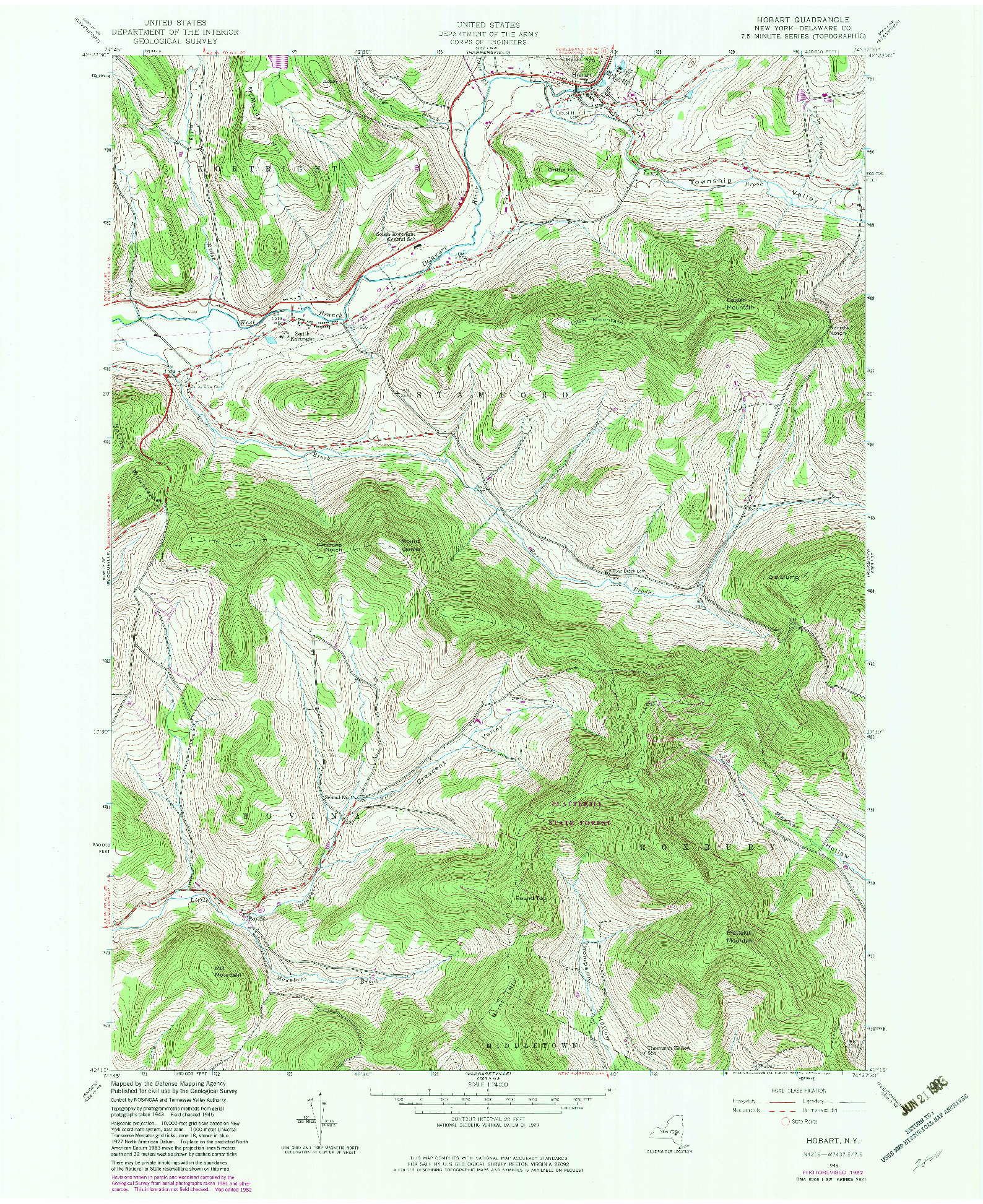 USGS 1:24000-SCALE QUADRANGLE FOR HOBART, NY 1945