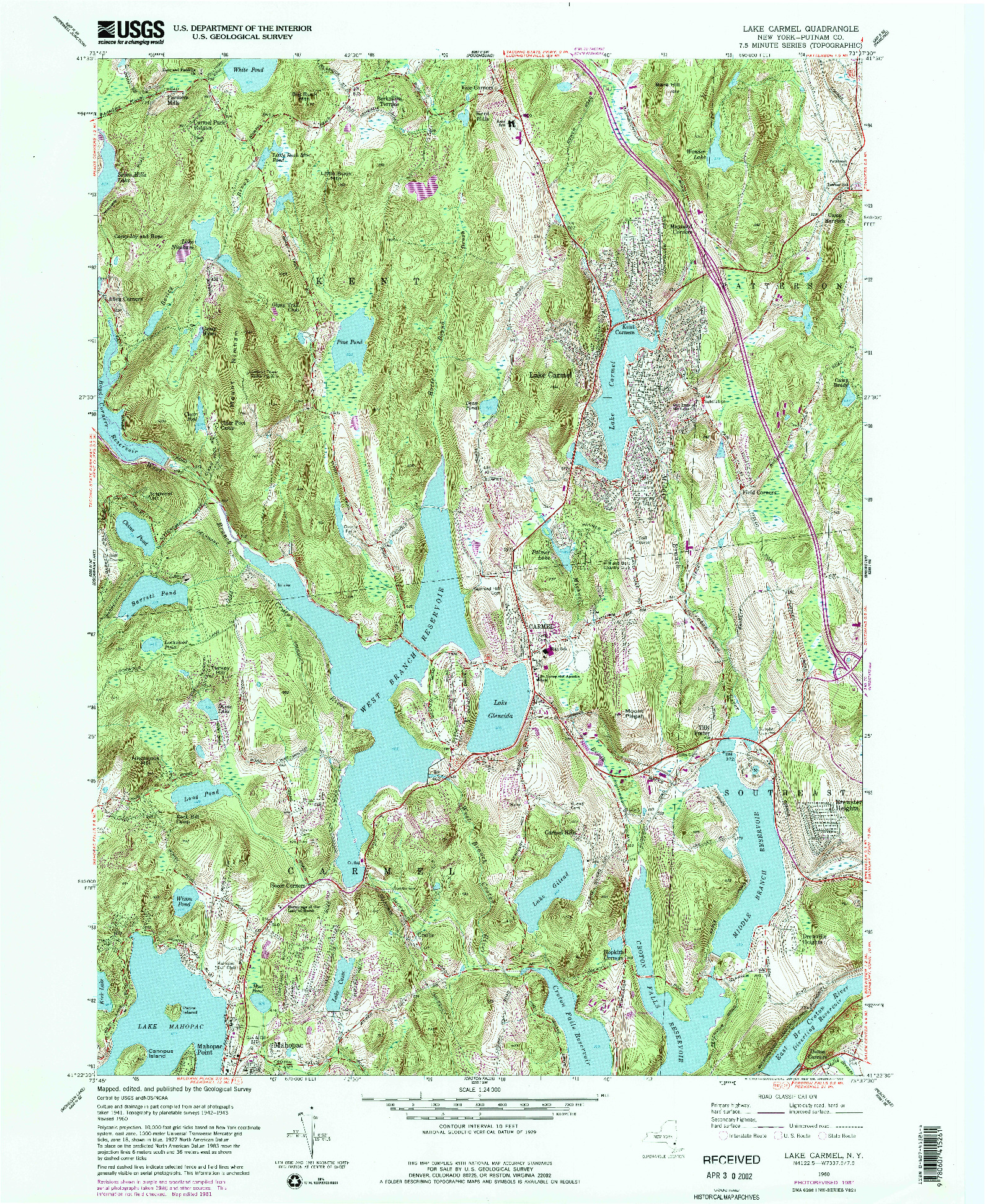 USGS 1:24000-SCALE QUADRANGLE FOR LAKE CARMEL, NY 1960