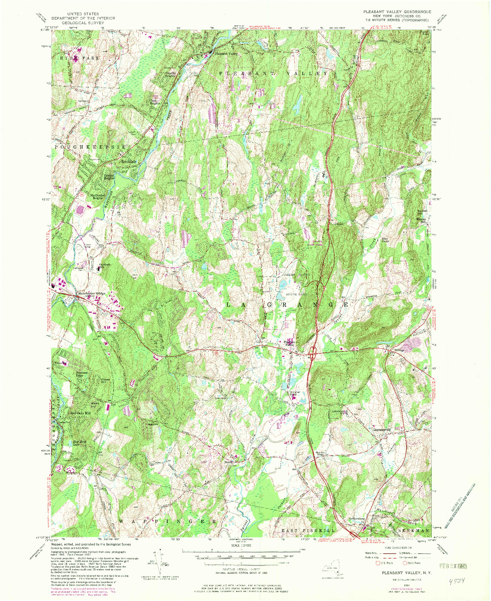 USGS 1:24000-SCALE QUADRANGLE FOR PLEASANT VALLEY, NY 1957