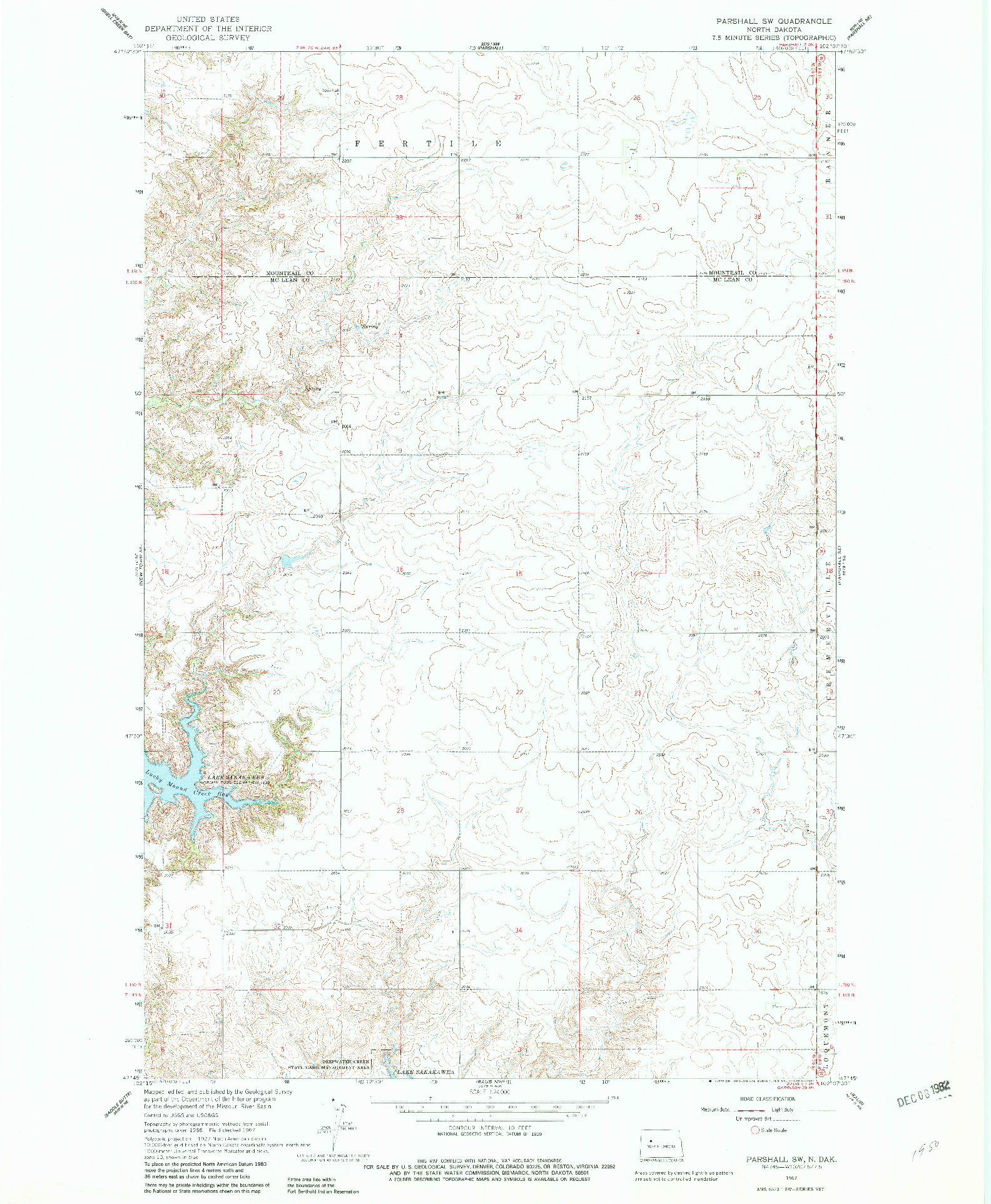 USGS 1:24000-SCALE QUADRANGLE FOR PARSHALL SW, ND 1967