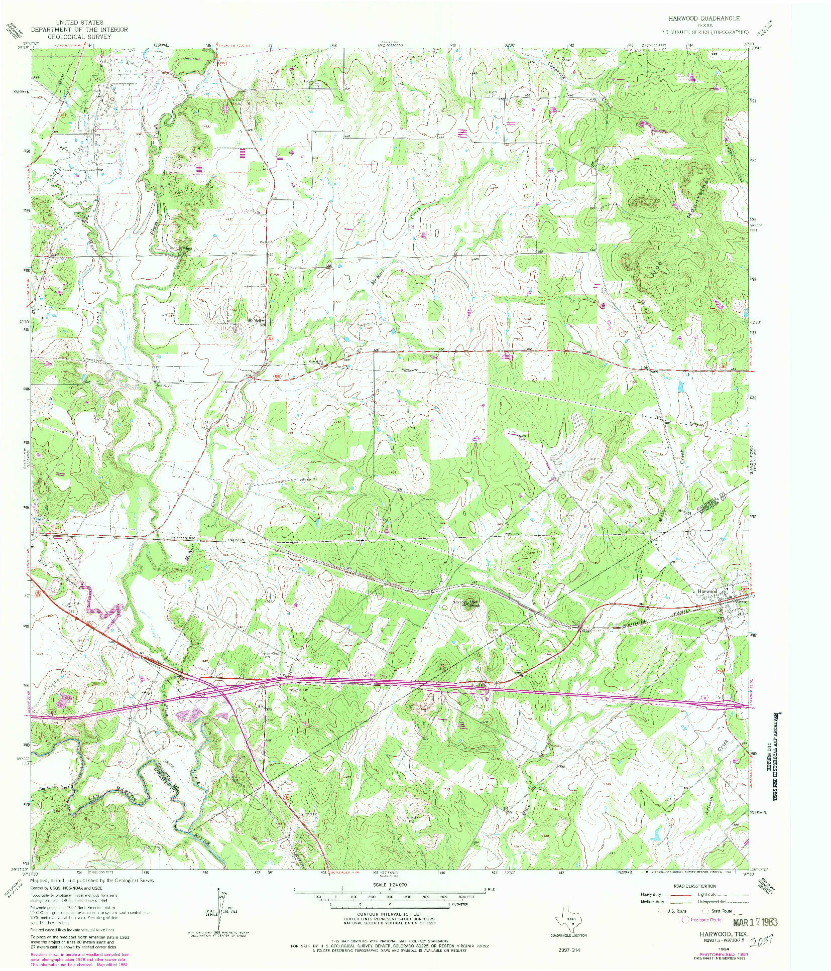 USGS 1:24000-SCALE QUADRANGLE FOR HARWOOD, TX 1964