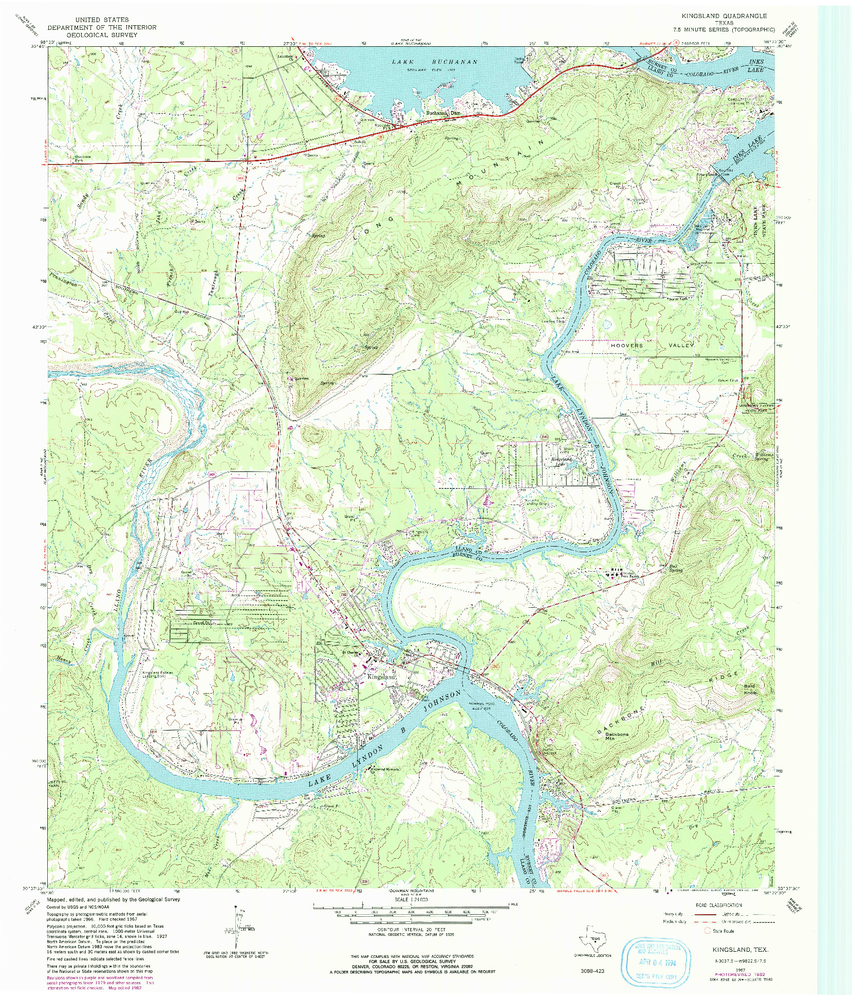 USGS 1:24000-SCALE QUADRANGLE FOR KINGSLAND, TX 1967