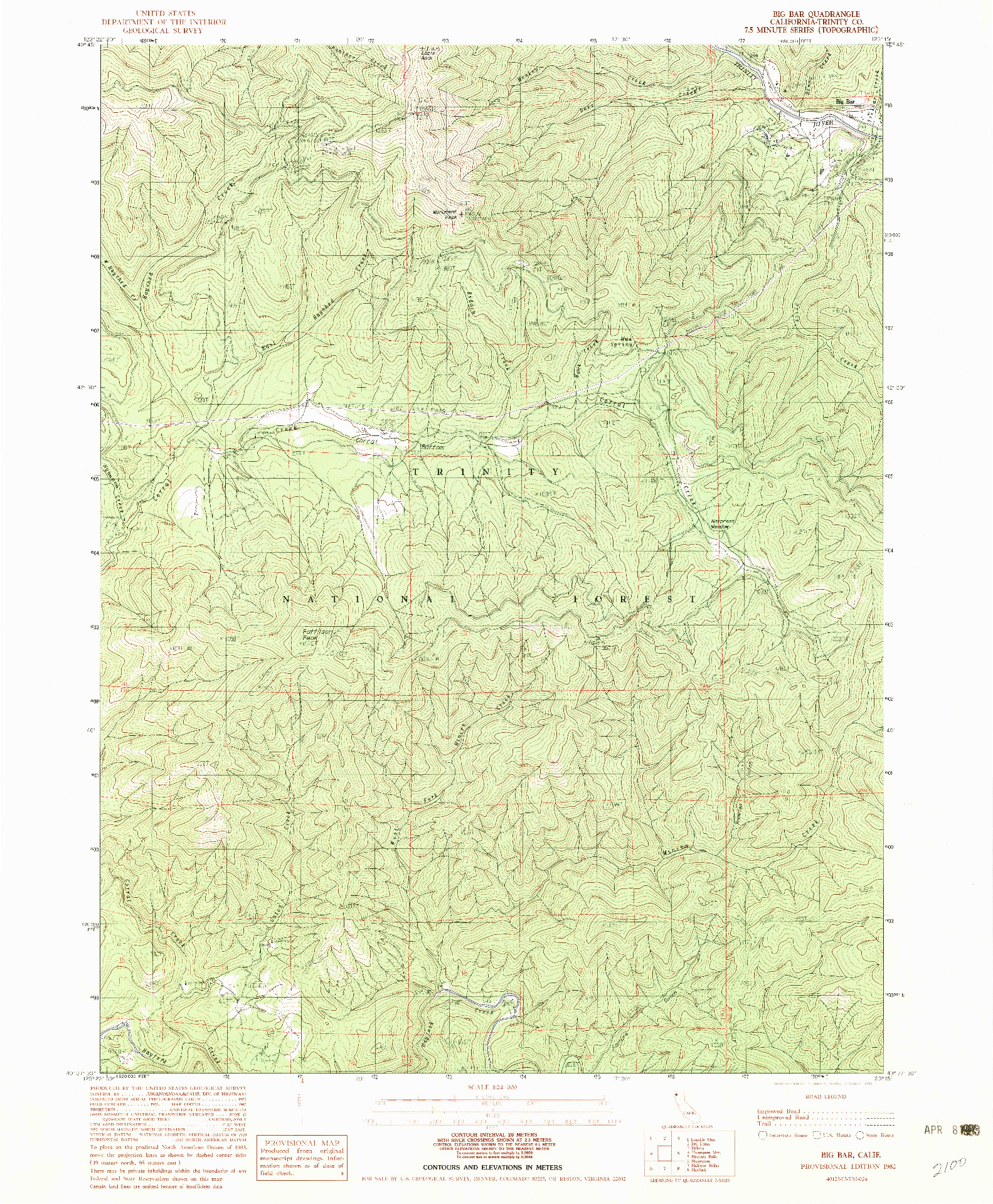 USGS 1:24000-SCALE QUADRANGLE FOR BIG BAR, CA 1982