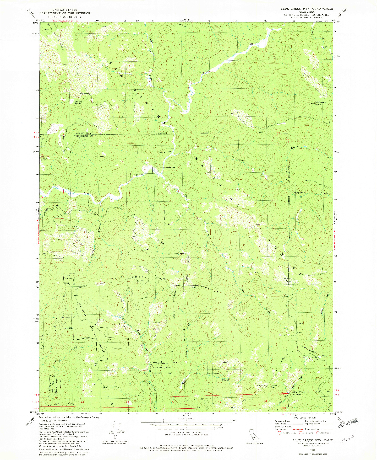 USGS 1:24000-SCALE QUADRANGLE FOR BLUE CREEK MTN, CA 1982