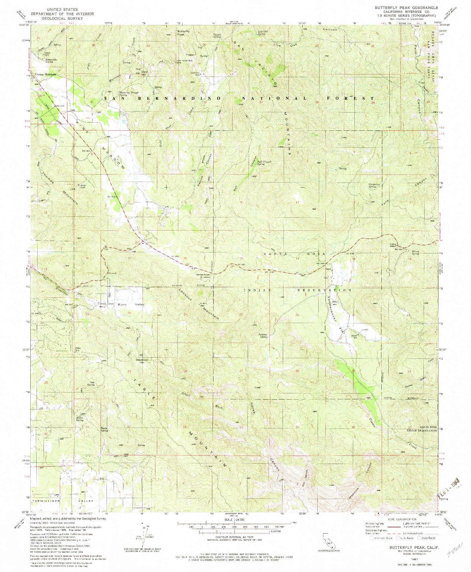 USGS 1:24000-SCALE QUADRANGLE FOR BUTTERFLY PEAK, CA 1981