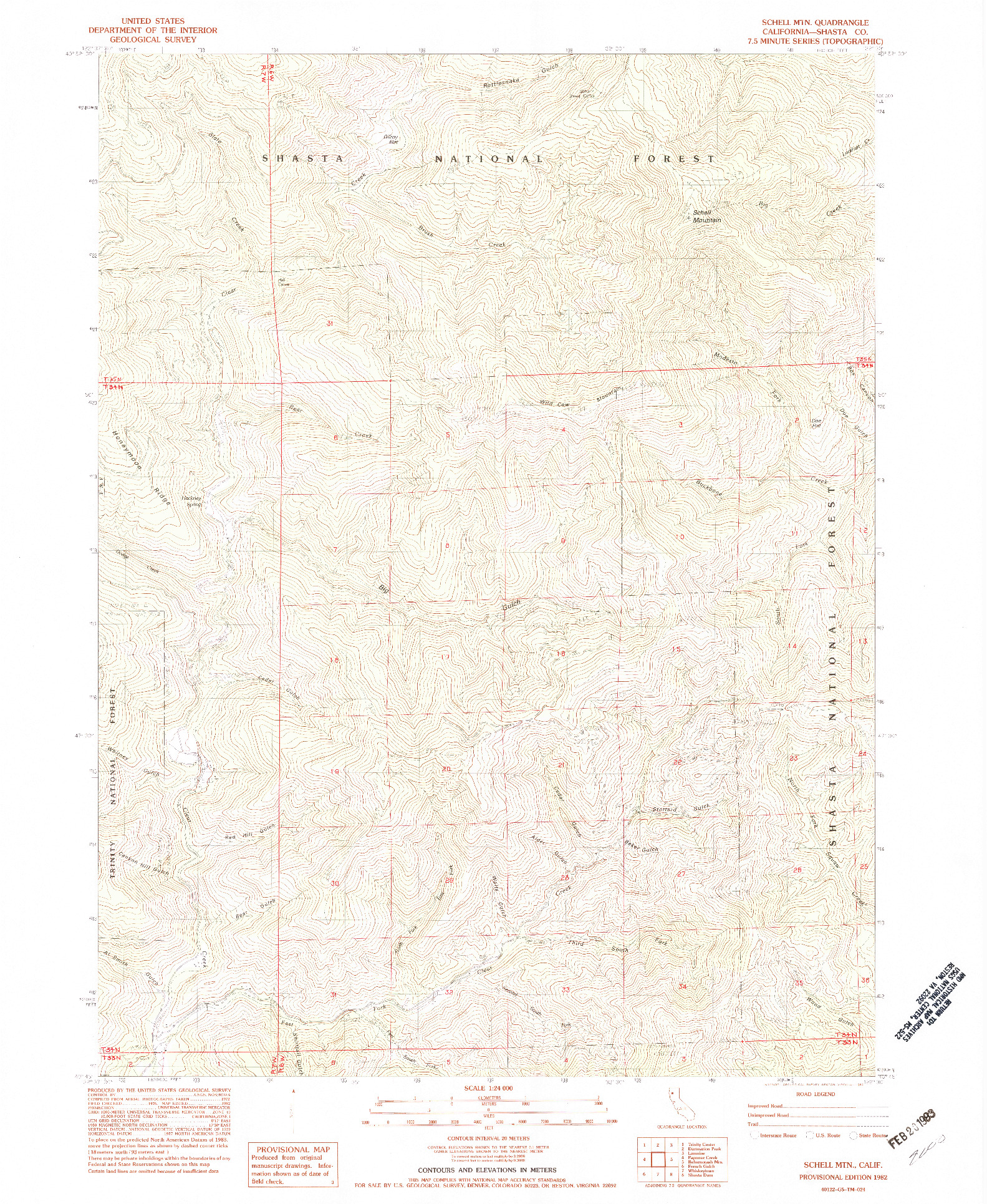 USGS 1:24000-SCALE QUADRANGLE FOR SCHELL MTN, CA 1982