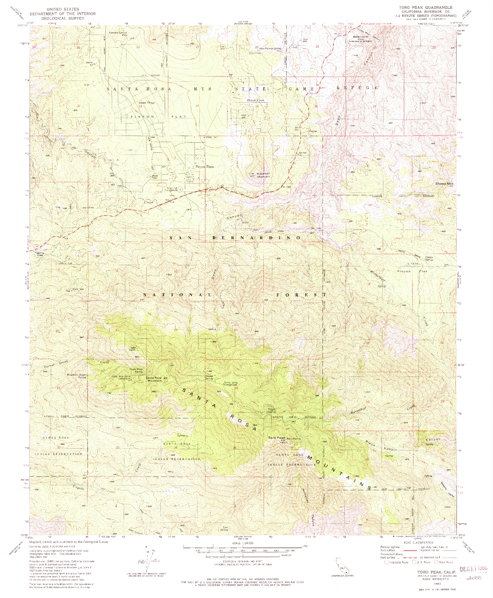 USGS 1:24000-SCALE QUADRANGLE FOR TORO PEAK, CA 1981