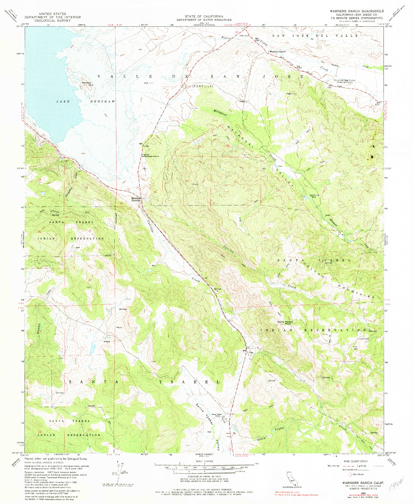 USGS 1:24000-SCALE QUADRANGLE FOR WARNERS RANCH, CA 1960