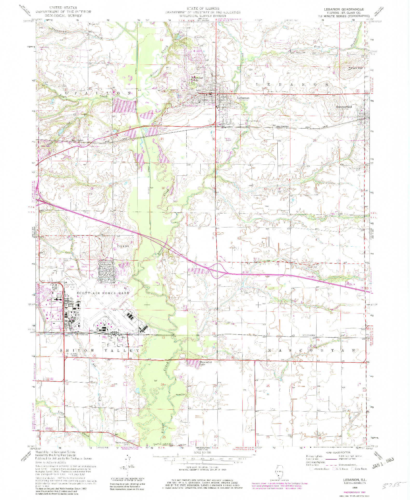 USGS 1:24000-SCALE QUADRANGLE FOR LEBANON, IL 1954