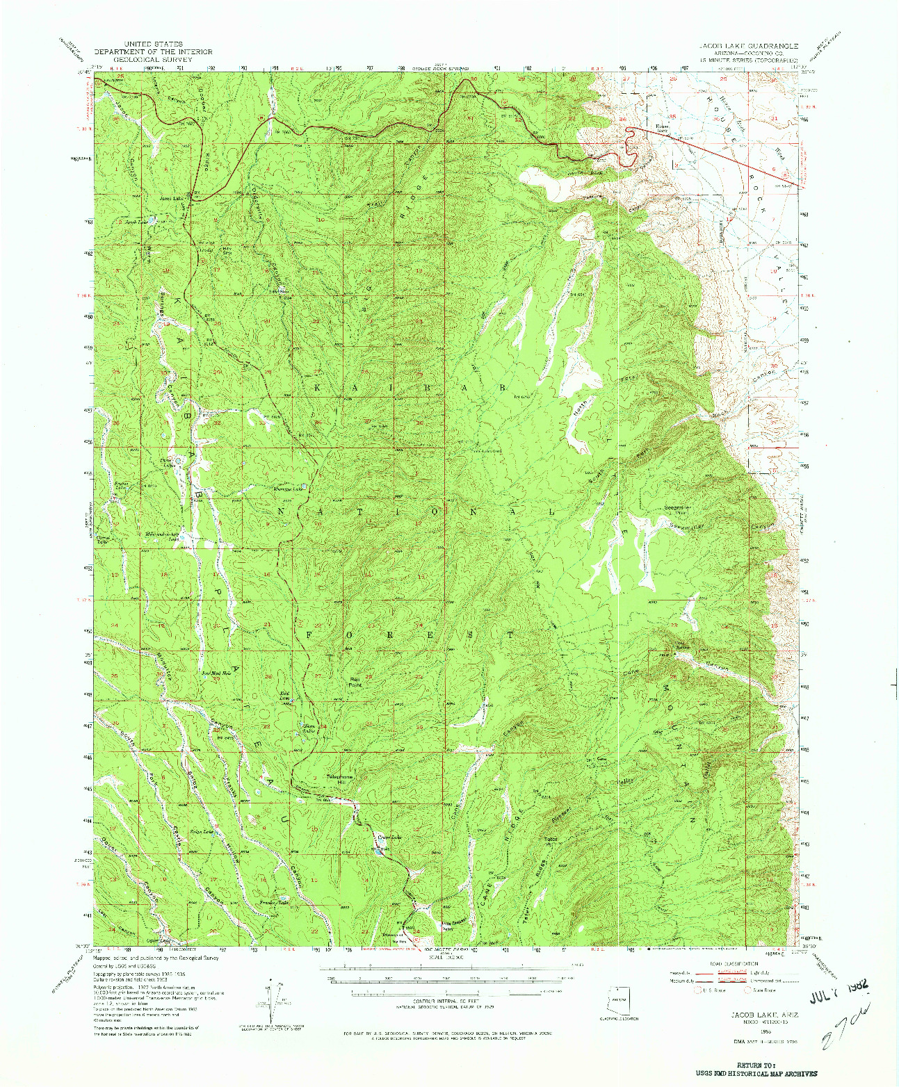 USGS 1:62500-SCALE QUADRANGLE FOR JACOBS LAKE, AZ 1953