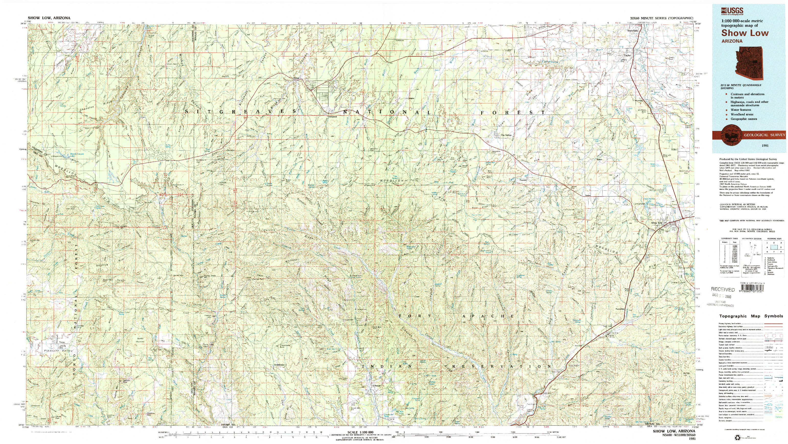 USGS 1:100000-SCALE QUADRANGLE FOR SHOW LOW, AZ 1981