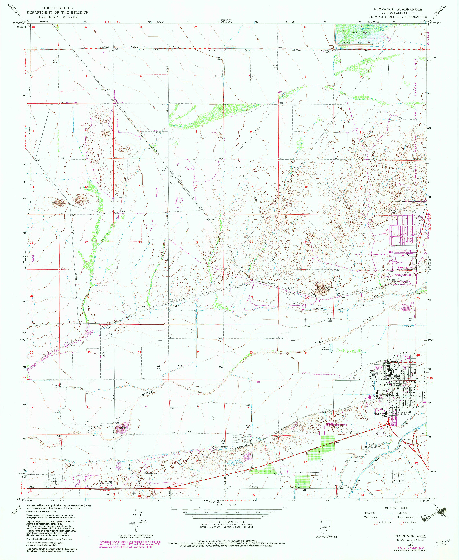 USGS 1:24000-SCALE QUADRANGLE FOR FLORENCE, AZ 1965