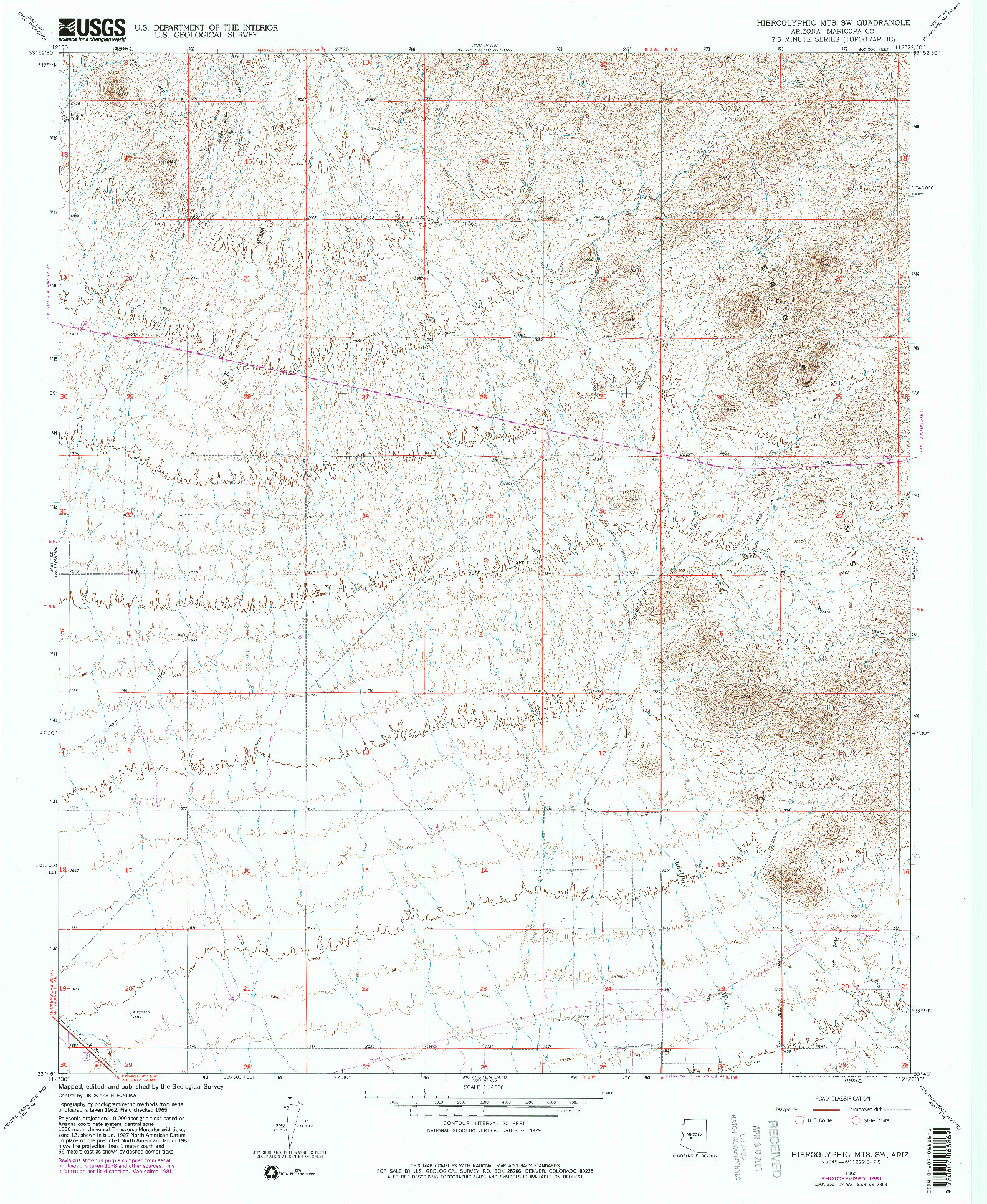 USGS 1:24000-SCALE QUADRANGLE FOR HIEROGLYPHIC MTS SW, AZ 1965