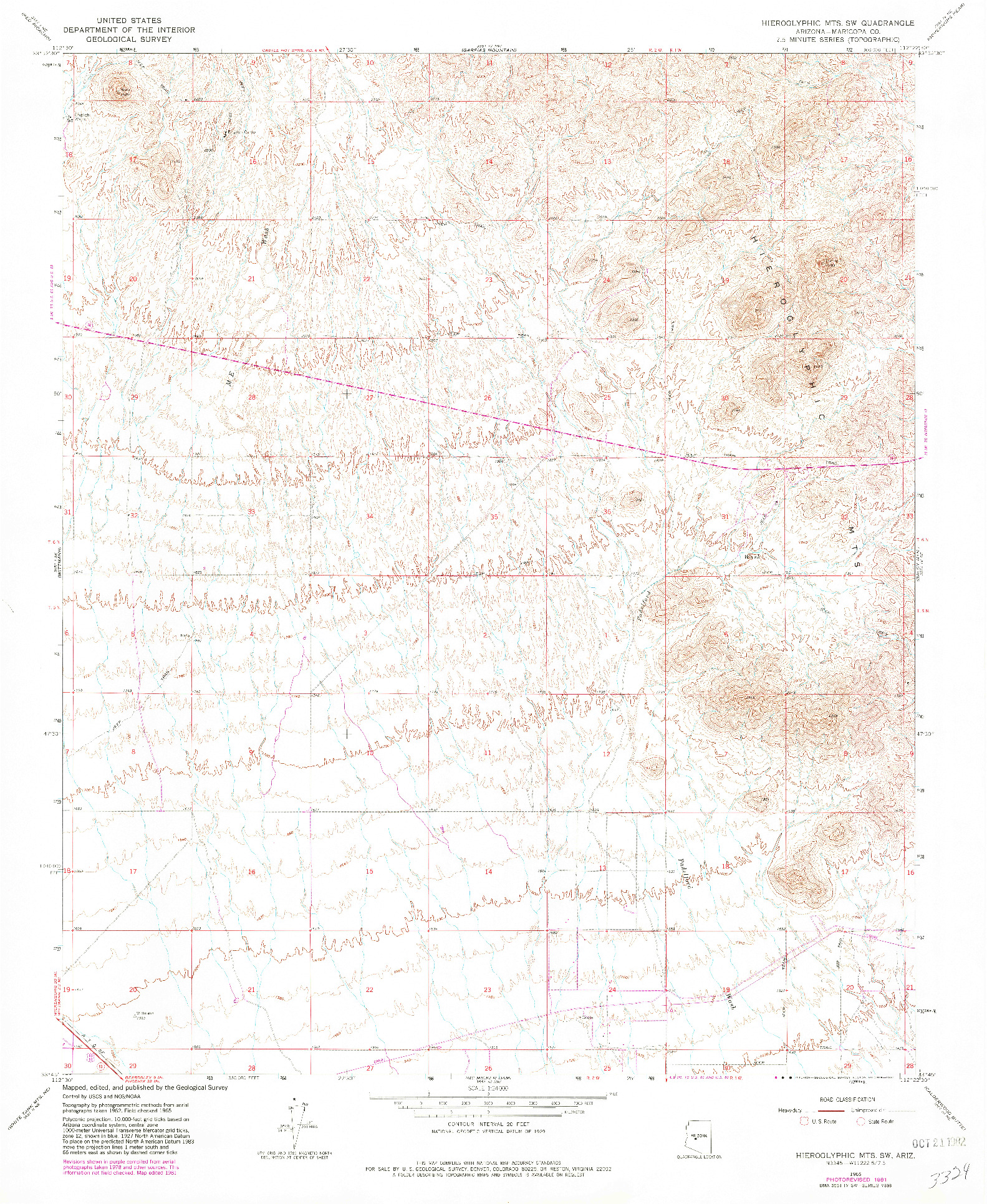 USGS 1:24000-SCALE QUADRANGLE FOR HIEROGLYPHIC MTS. SW, AZ 1965