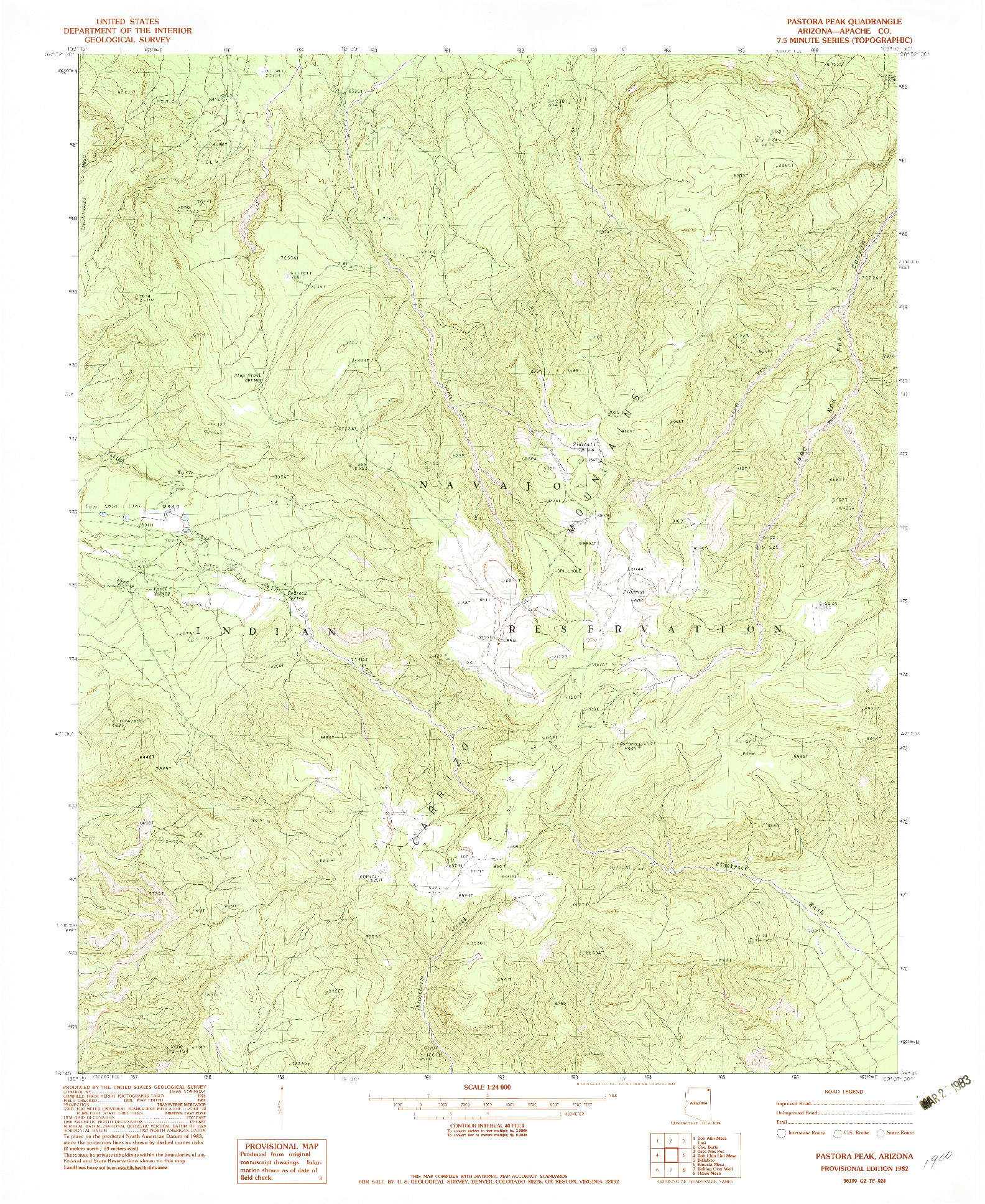 USGS 1:24000-SCALE QUADRANGLE FOR PASTORA PEAK, AZ 1982