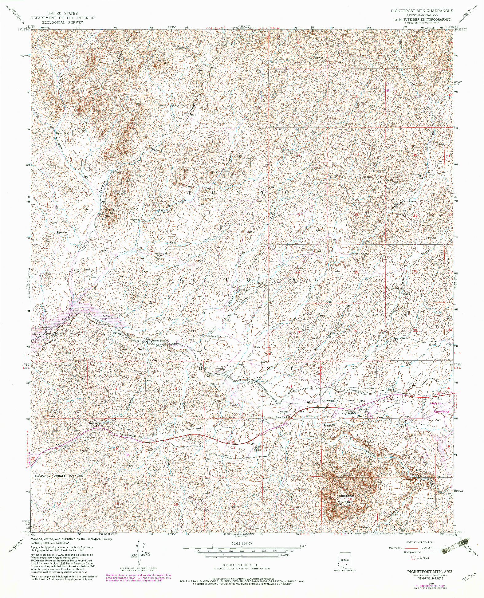 USGS 1:24000-SCALE QUADRANGLE FOR PICKETPOST MTN, AZ 1948