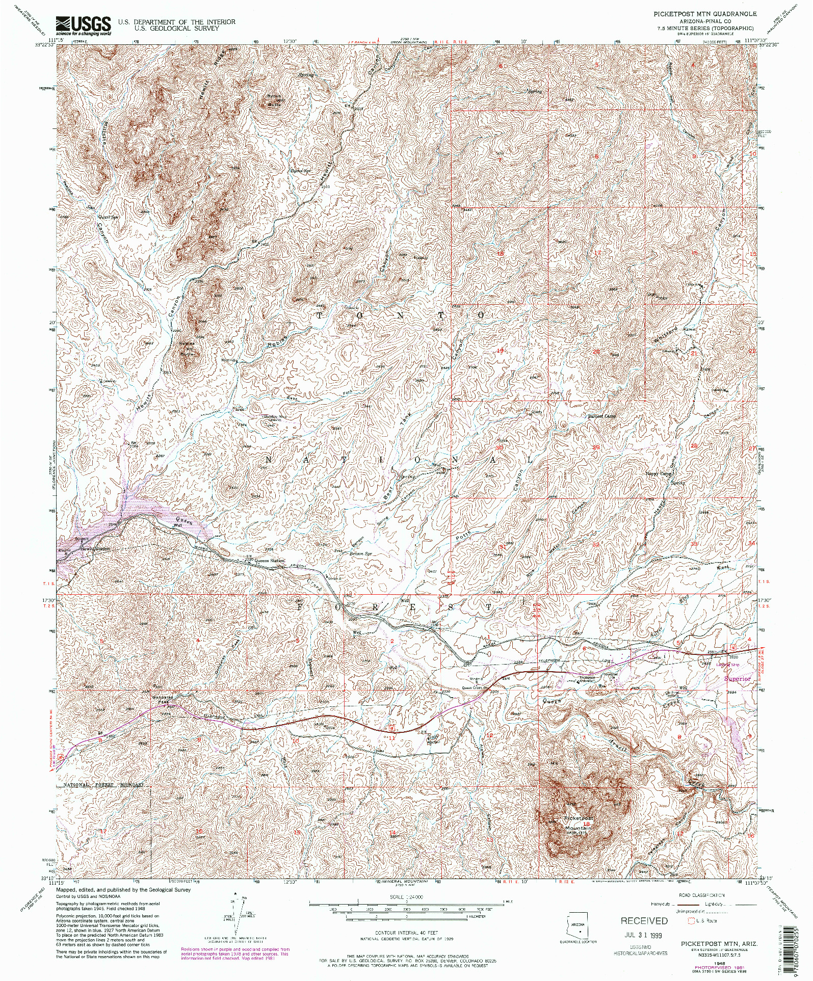 USGS 1:24000-SCALE QUADRANGLE FOR PICKETPOST MTN, AZ 1948