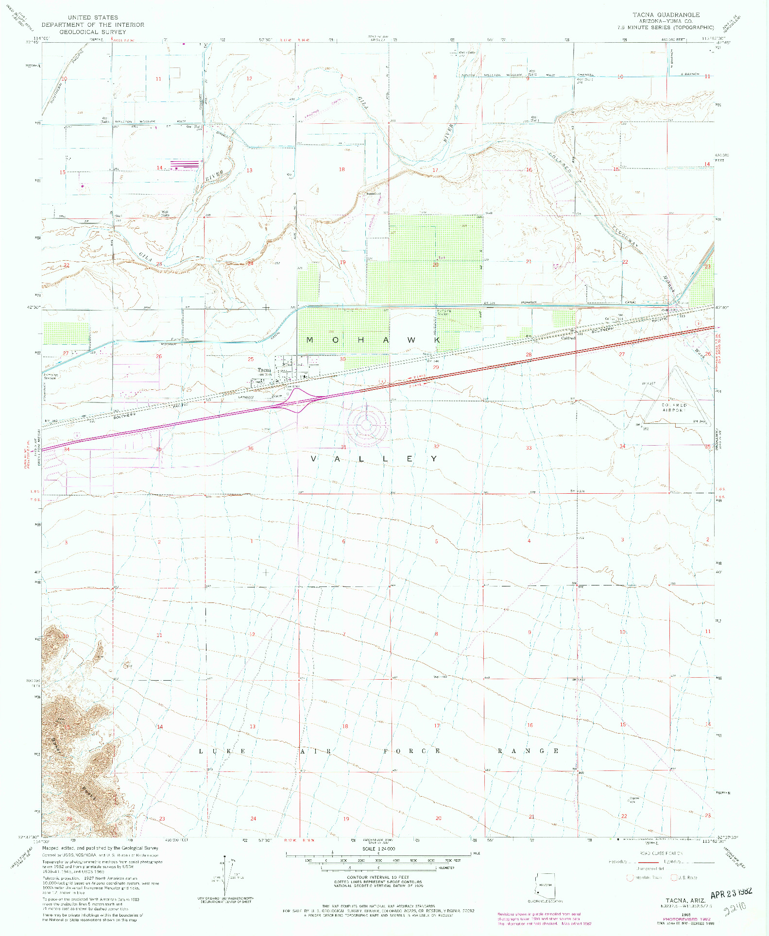 USGS 1:24000-SCALE QUADRANGLE FOR TACNA, AZ 1965