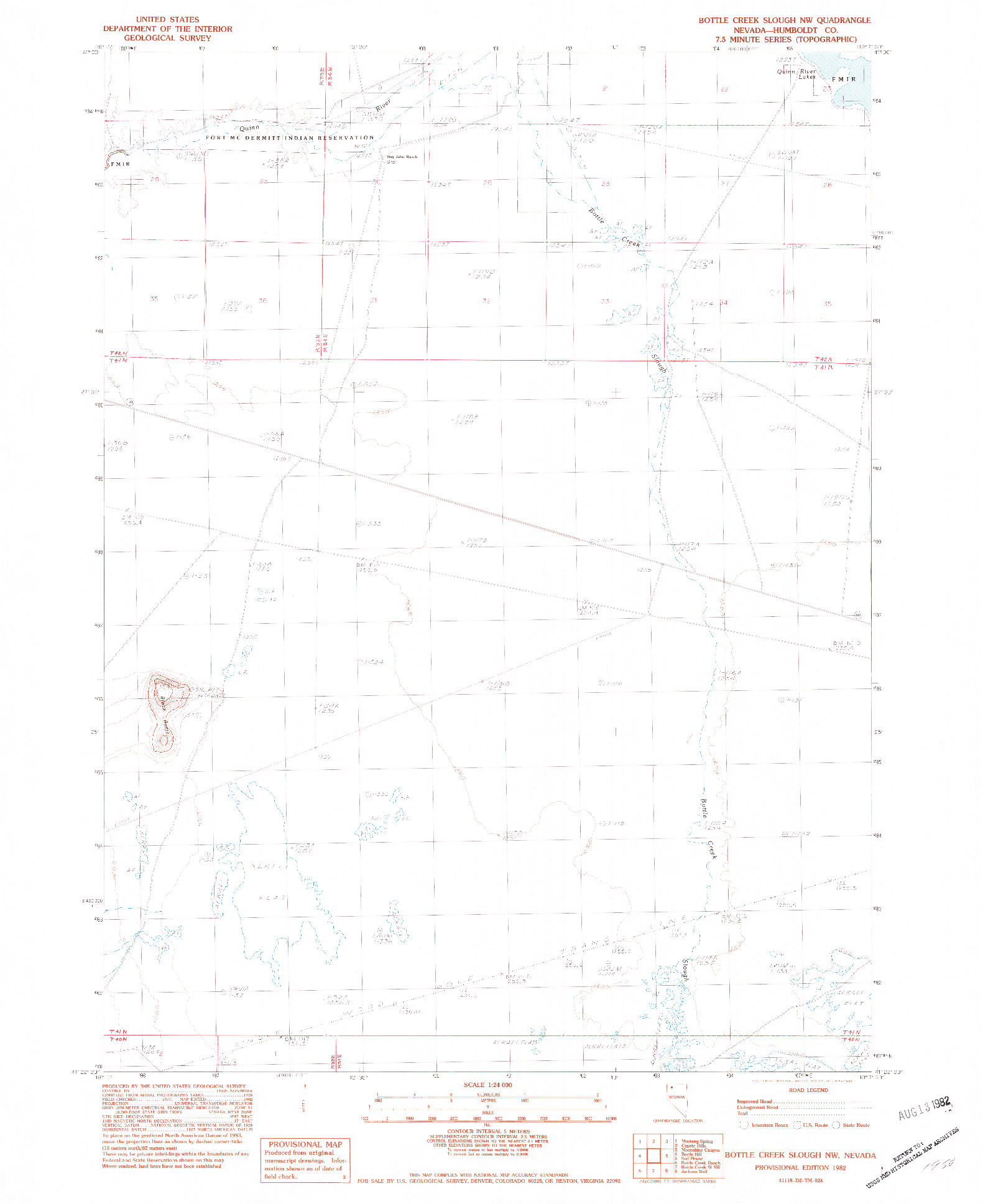 USGS 1:24000-SCALE QUADRANGLE FOR BOTTLE CREEK SLOUGH NW, NV 1982