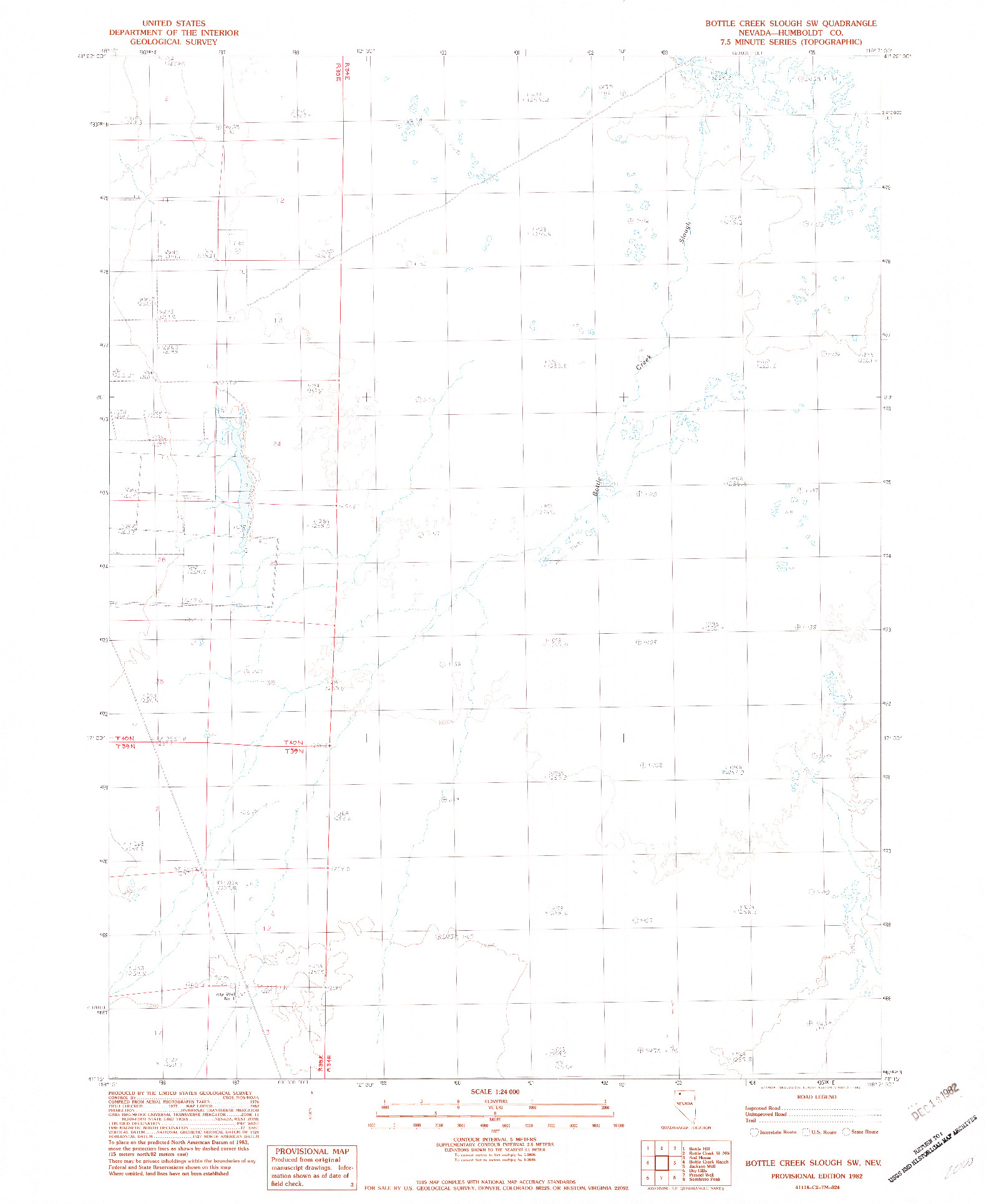 USGS 1:24000-SCALE QUADRANGLE FOR BOTTLE CREEK SLOUGH SW, NV 1982