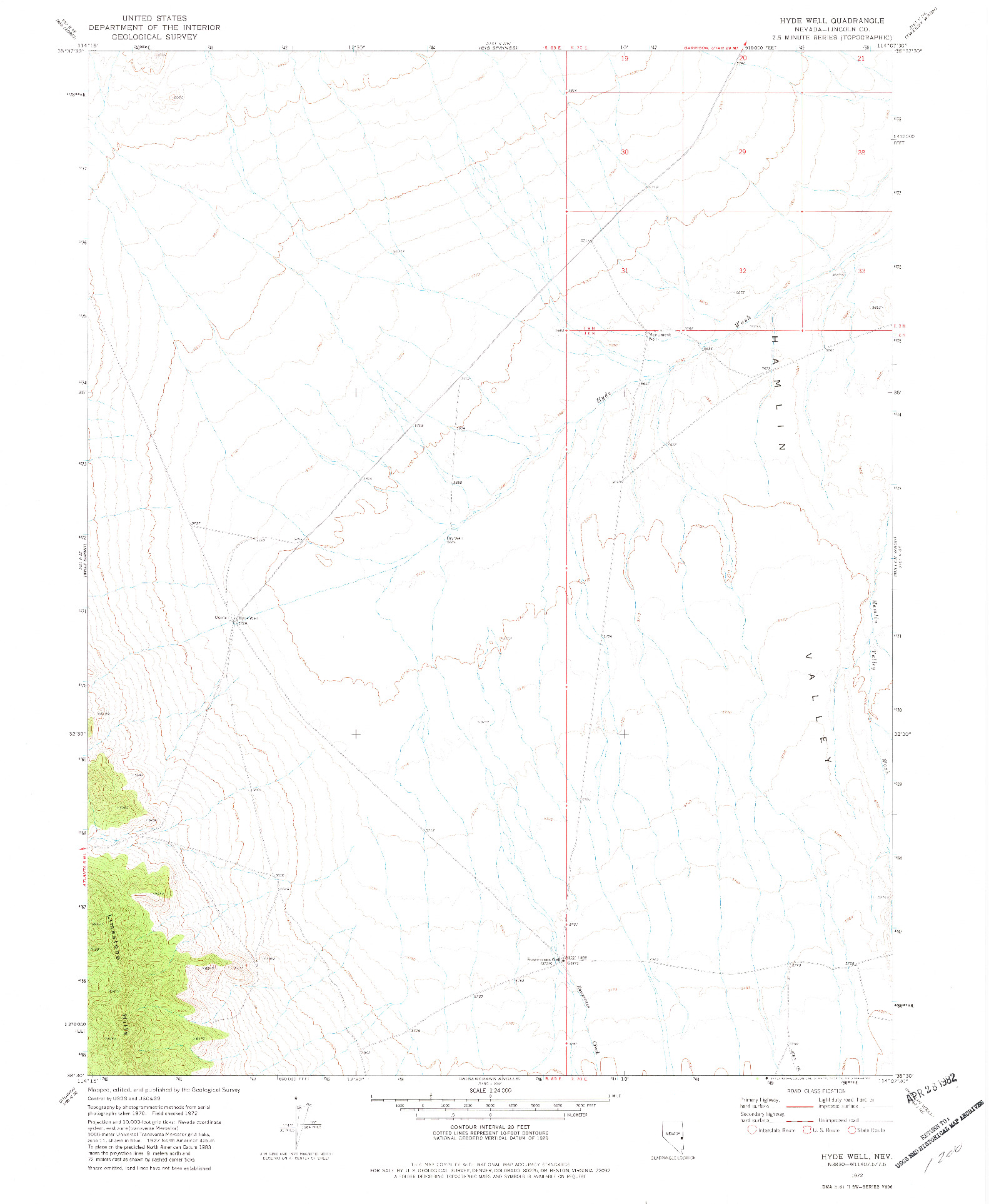 USGS 1:24000-SCALE QUADRANGLE FOR HYDE WELL, NV 1972