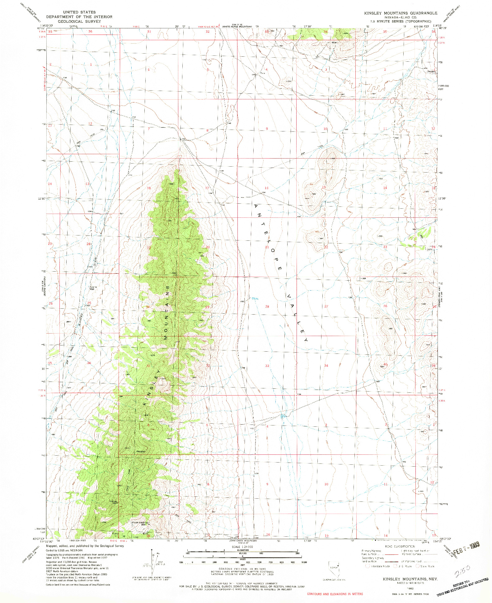 USGS 1:24000-SCALE QUADRANGLE FOR KINSLEY MOUNTAINS, NV 1982