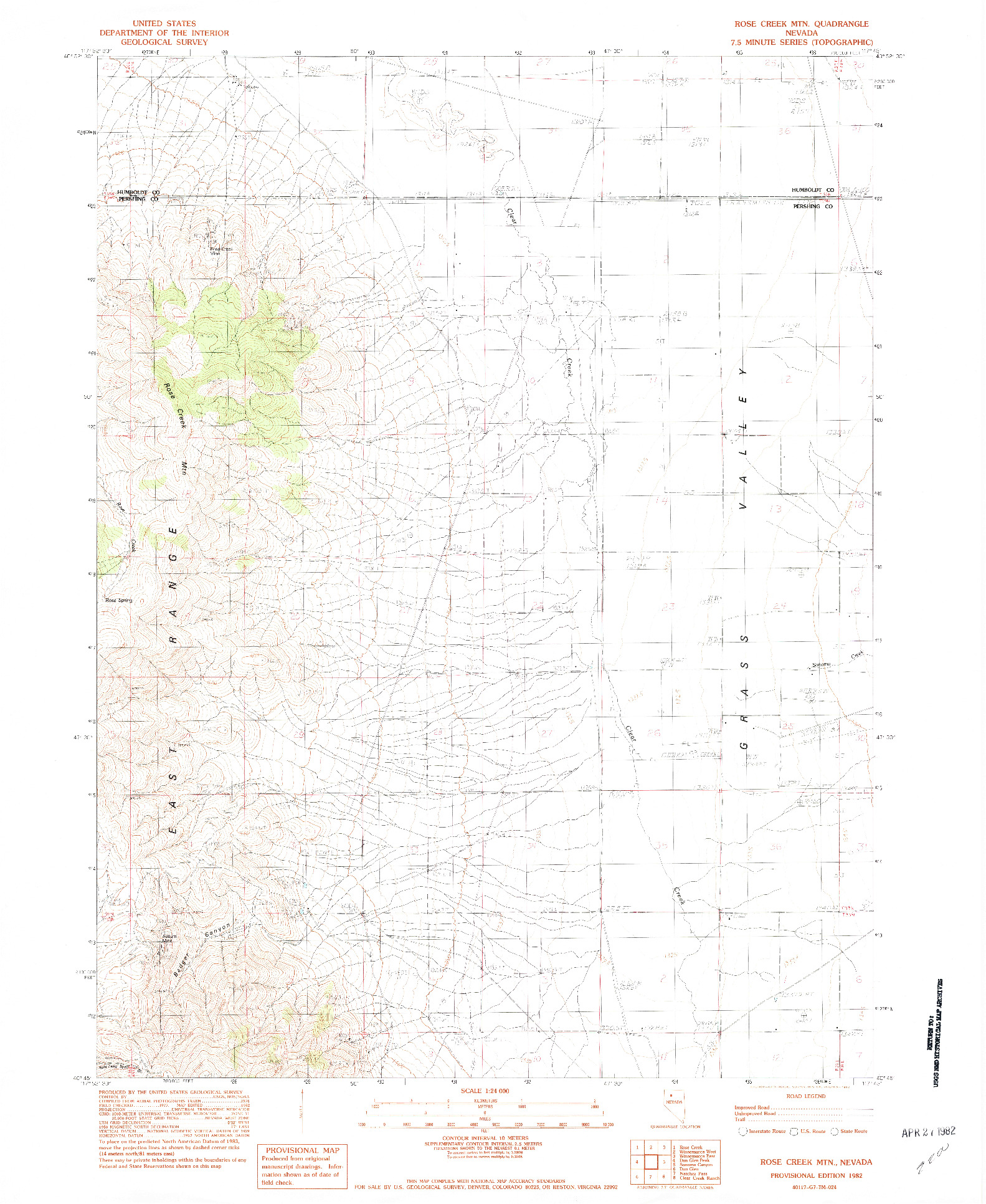 USGS 1:24000-SCALE QUADRANGLE FOR ROSE CREEK MTN, NV 1982