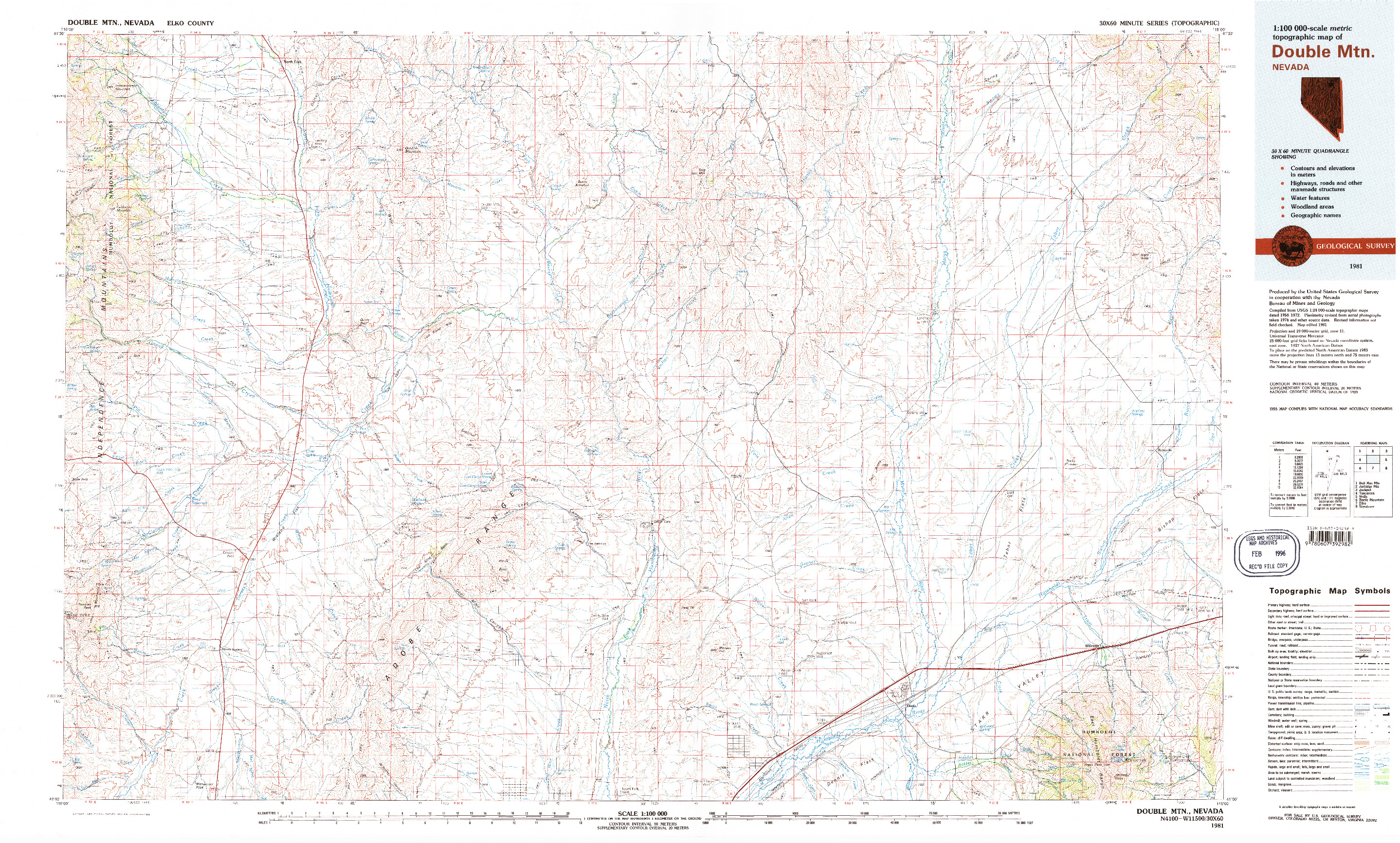 USGS 1:100000-SCALE QUADRANGLE FOR DOUBLE MTN, NV 1981