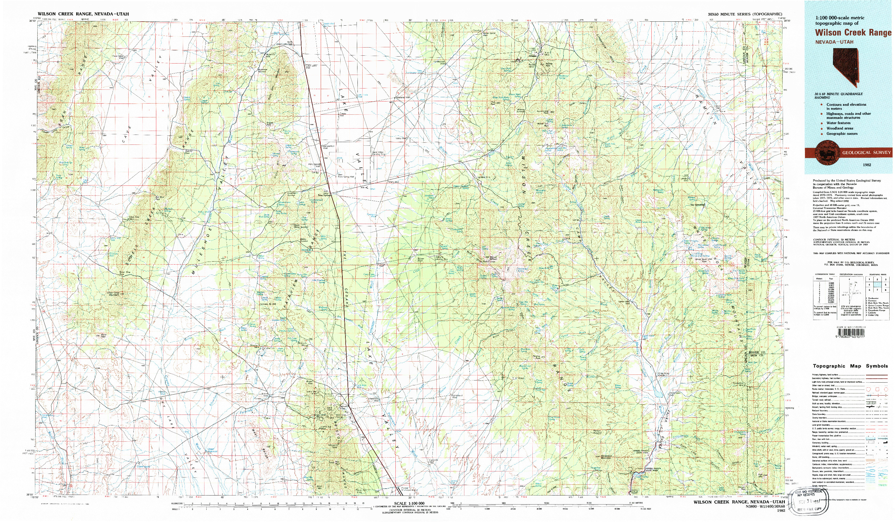 USGS 1:100000-SCALE QUADRANGLE FOR WILSON CREEK RANGE, NV 1982