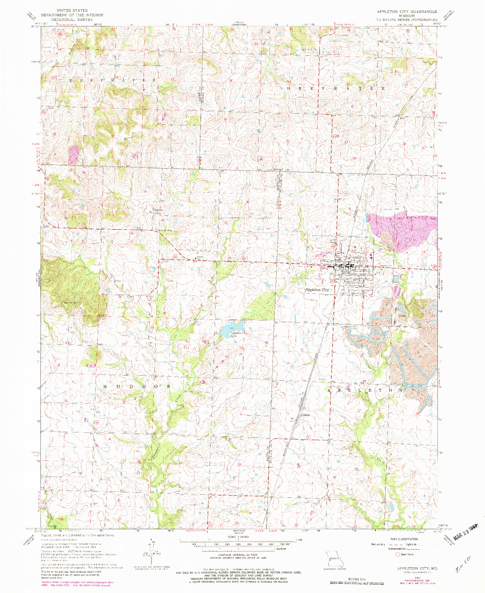 USGS 1:24000-SCALE QUADRANGLE FOR APPLETON CITY, MO 1981