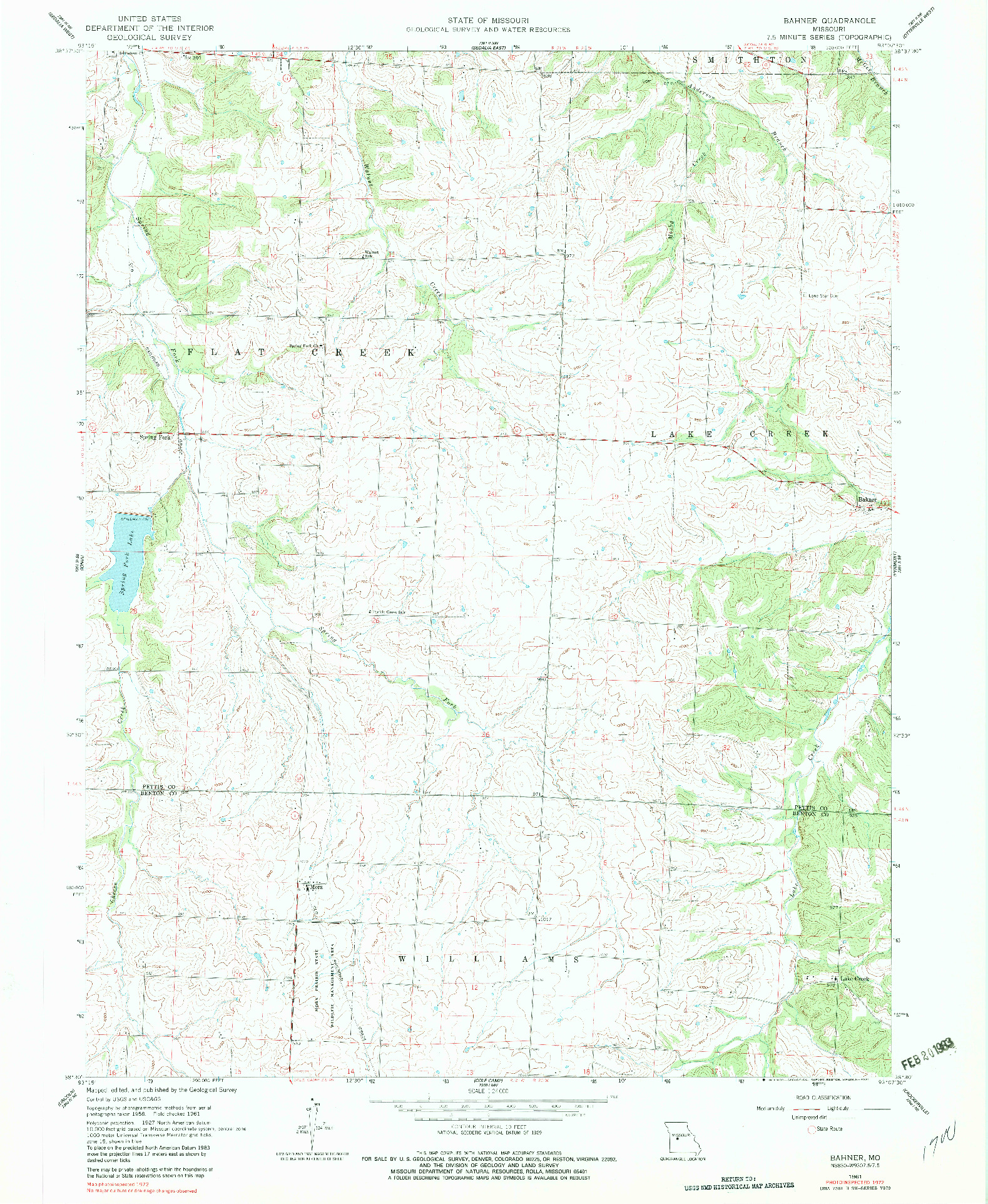 USGS 1:24000-SCALE QUADRANGLE FOR BAHNER, MO 1961