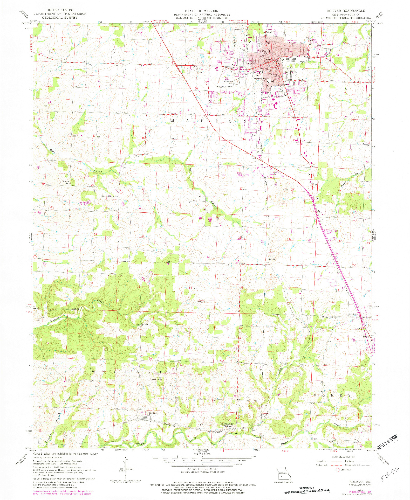 USGS 1:24000-SCALE QUADRANGLE FOR BOLIVAR, MO 1961