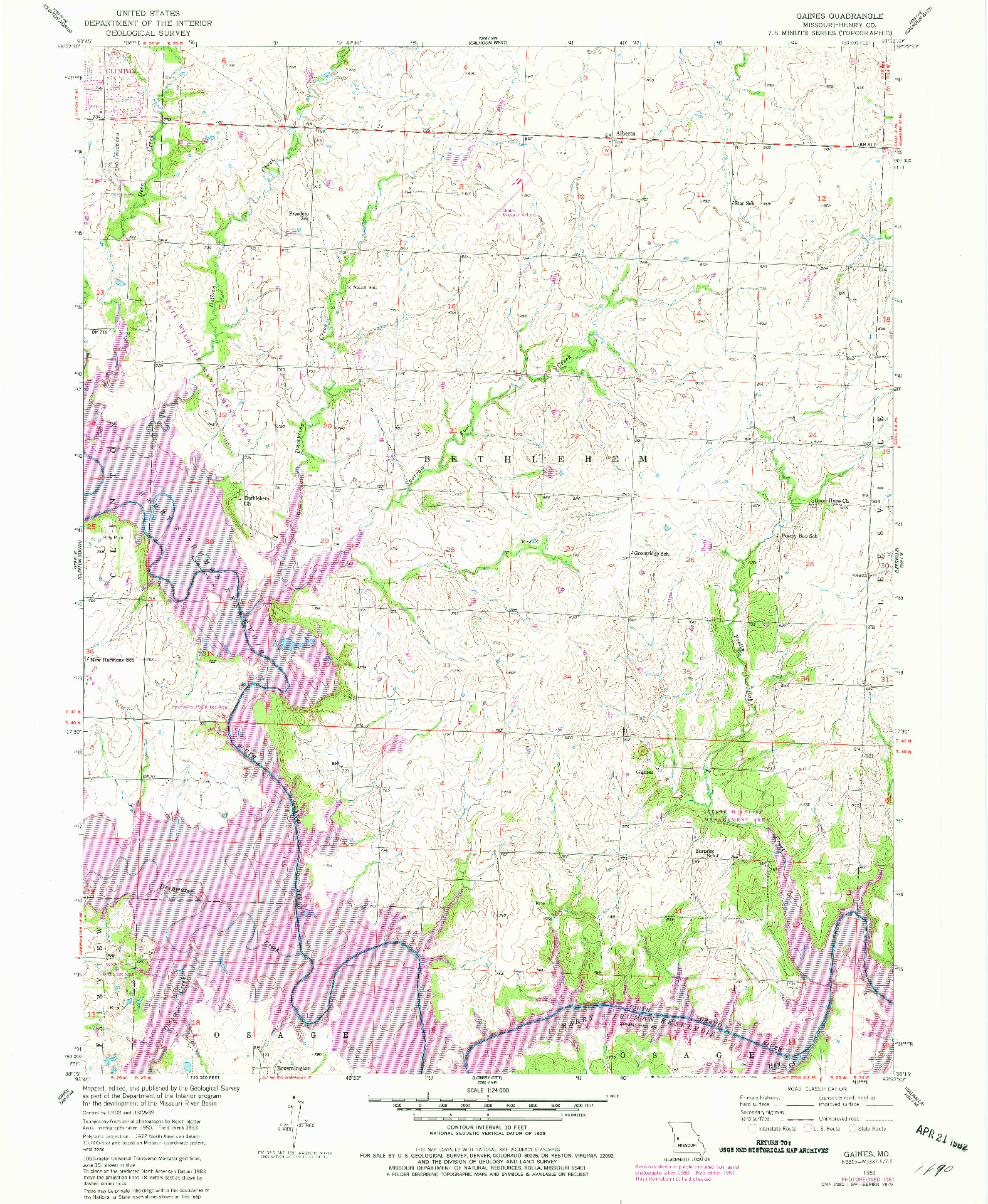 USGS 1:24000-SCALE QUADRANGLE FOR GAINES, MO 1953