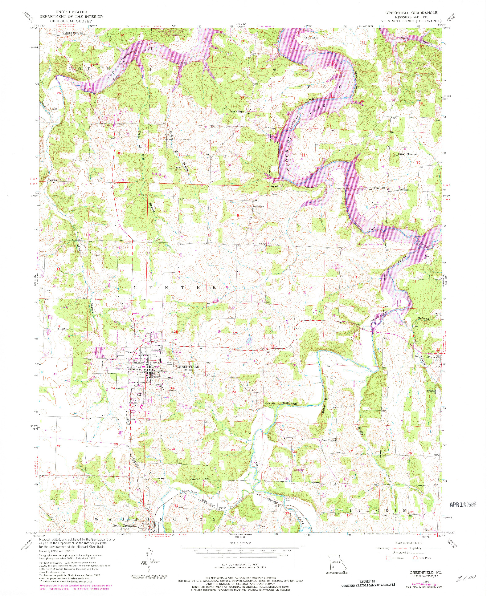 USGS 1:24000-SCALE QUADRANGLE FOR GREENFIELD, MO 1956