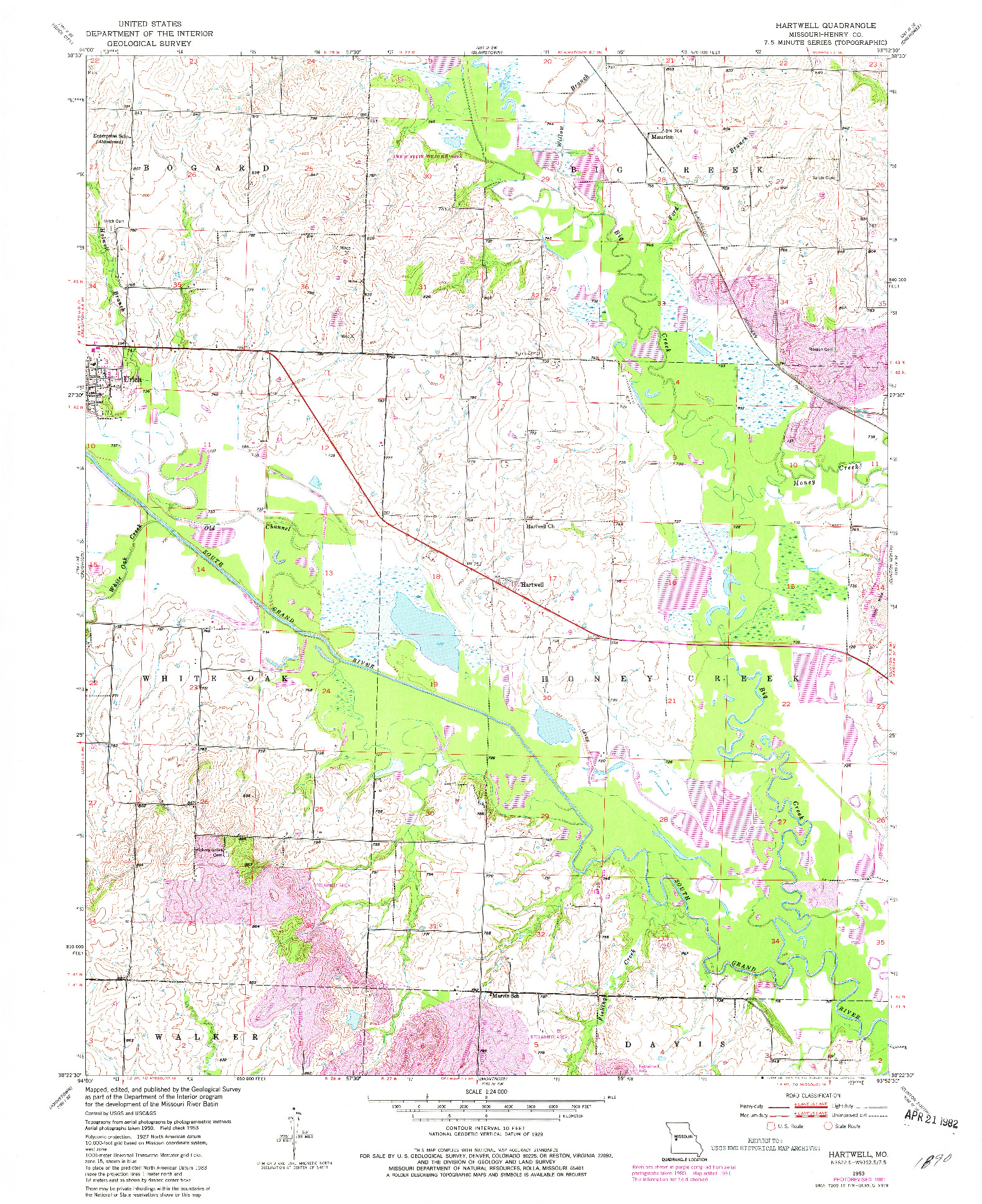 USGS 1:24000-SCALE QUADRANGLE FOR HARTWELL, MO 1953