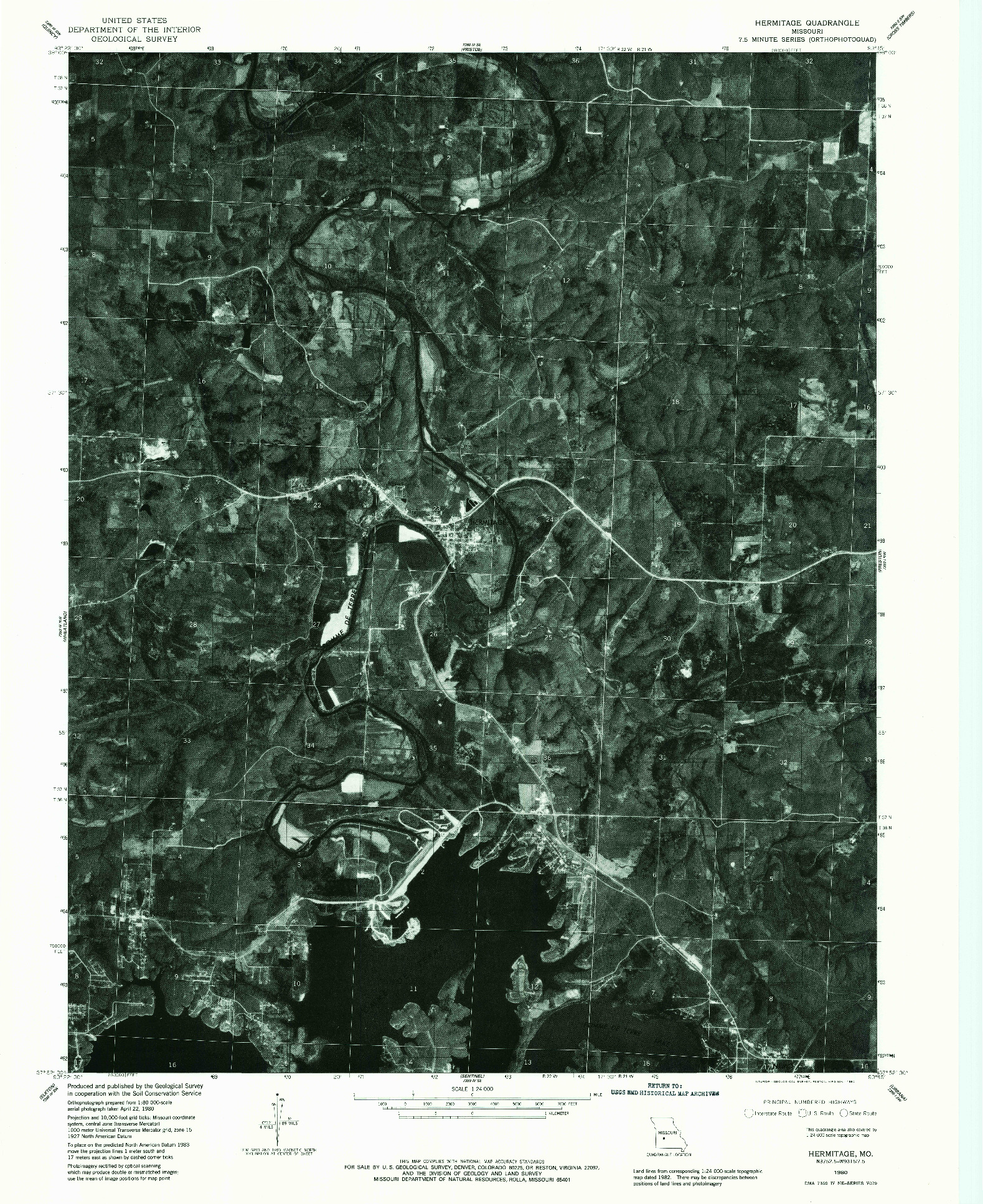 USGS 1:24000-SCALE QUADRANGLE FOR HERMITAGE, MO 1980