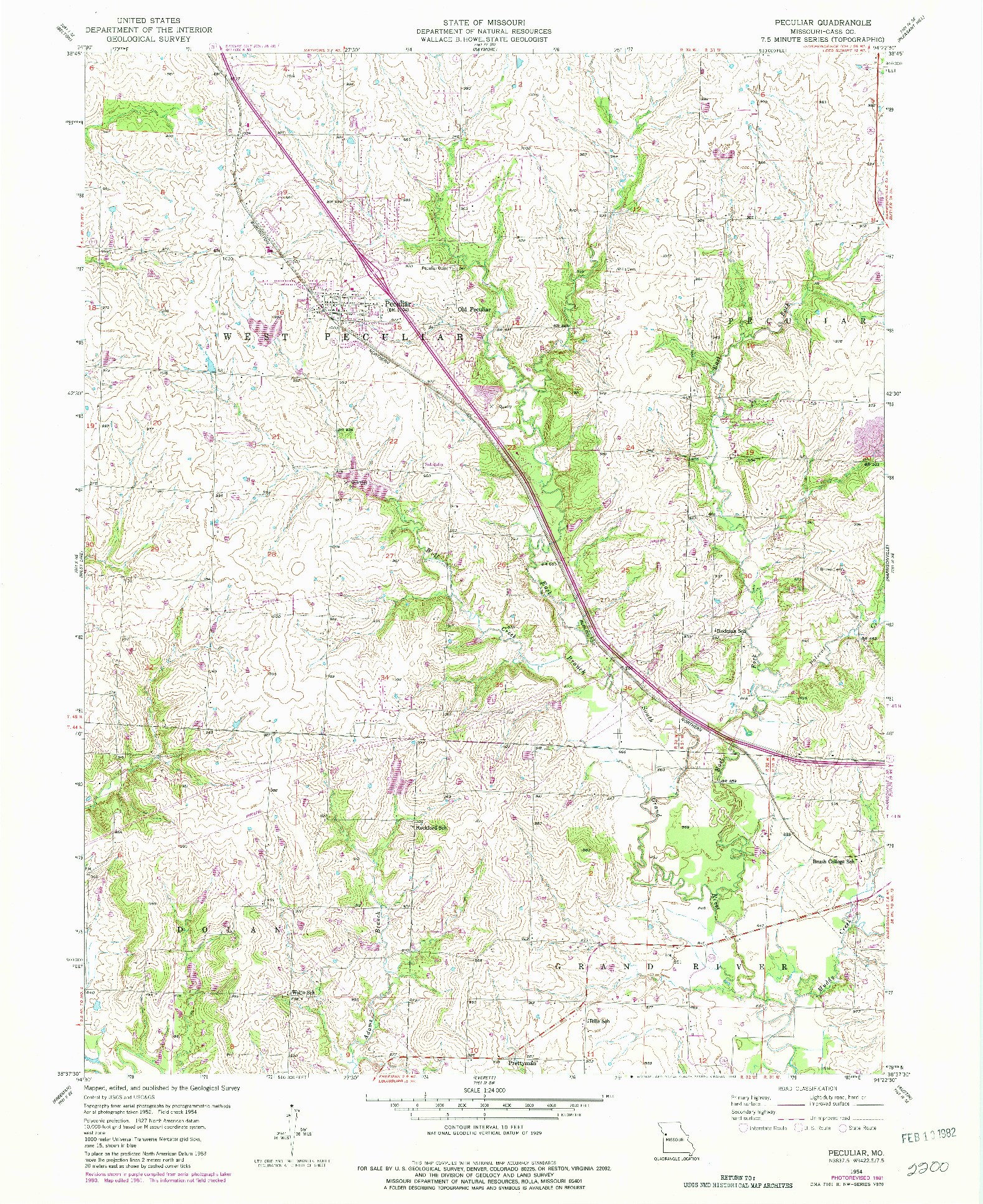 USGS 1:24000-SCALE QUADRANGLE FOR PECULIAR, MO 1954
