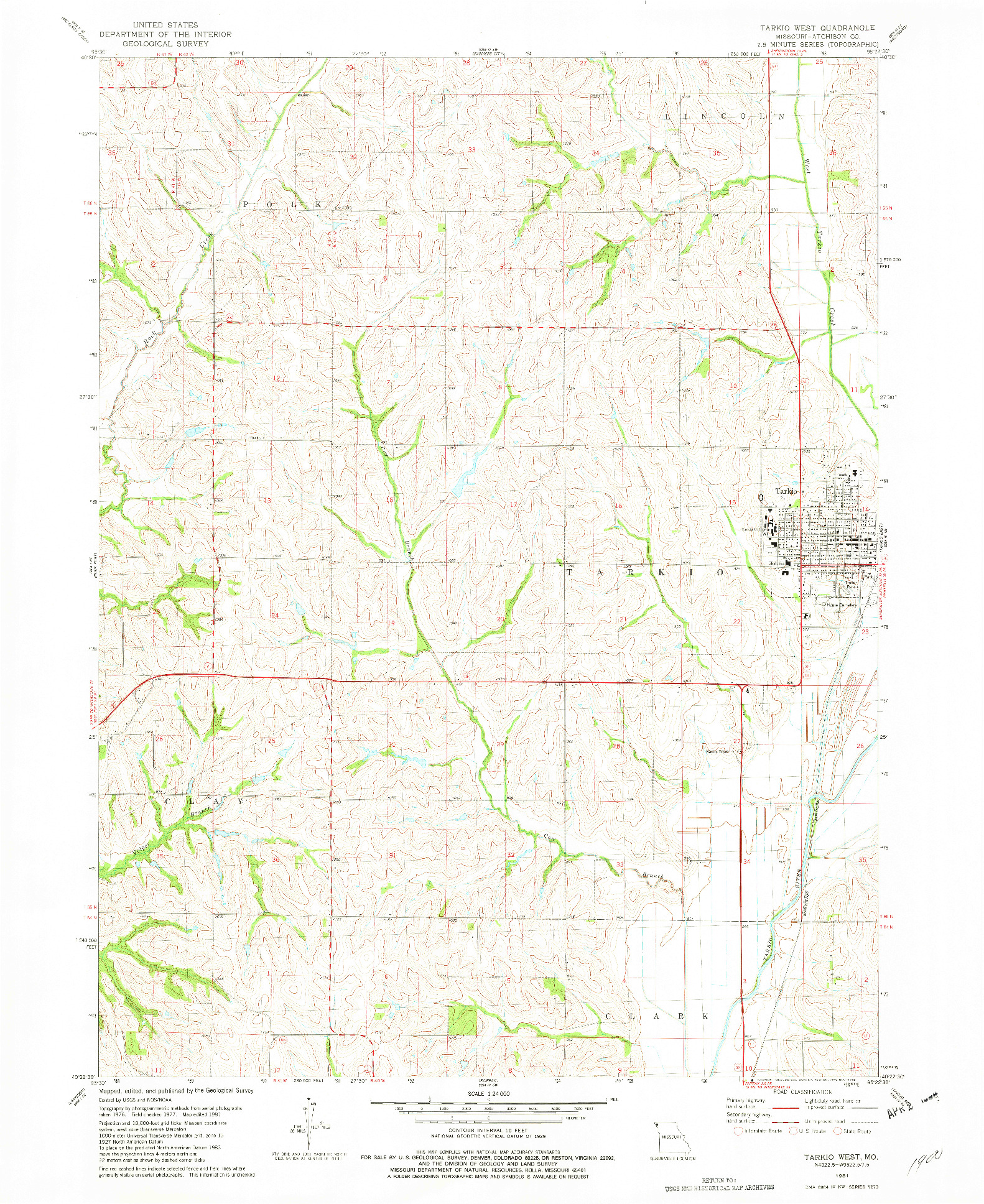 USGS 1:24000-SCALE QUADRANGLE FOR TARKIO WEST, MO 1981