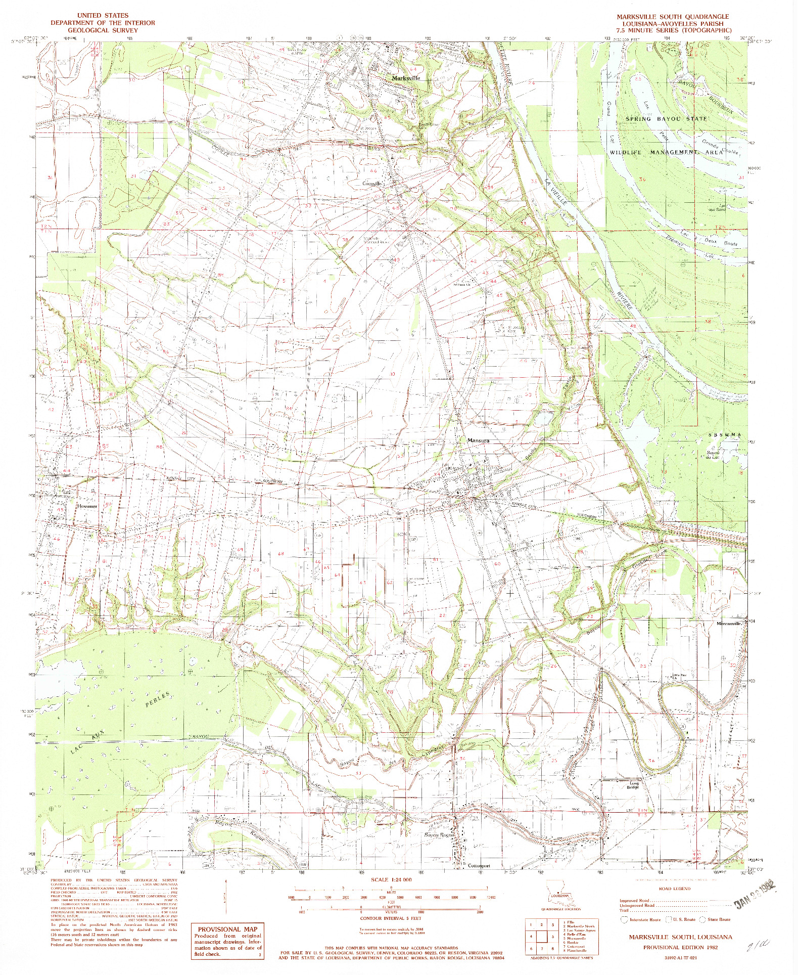 USGS 1:24000-SCALE QUADRANGLE FOR MARKSVILLE SOUTH, LA 1982