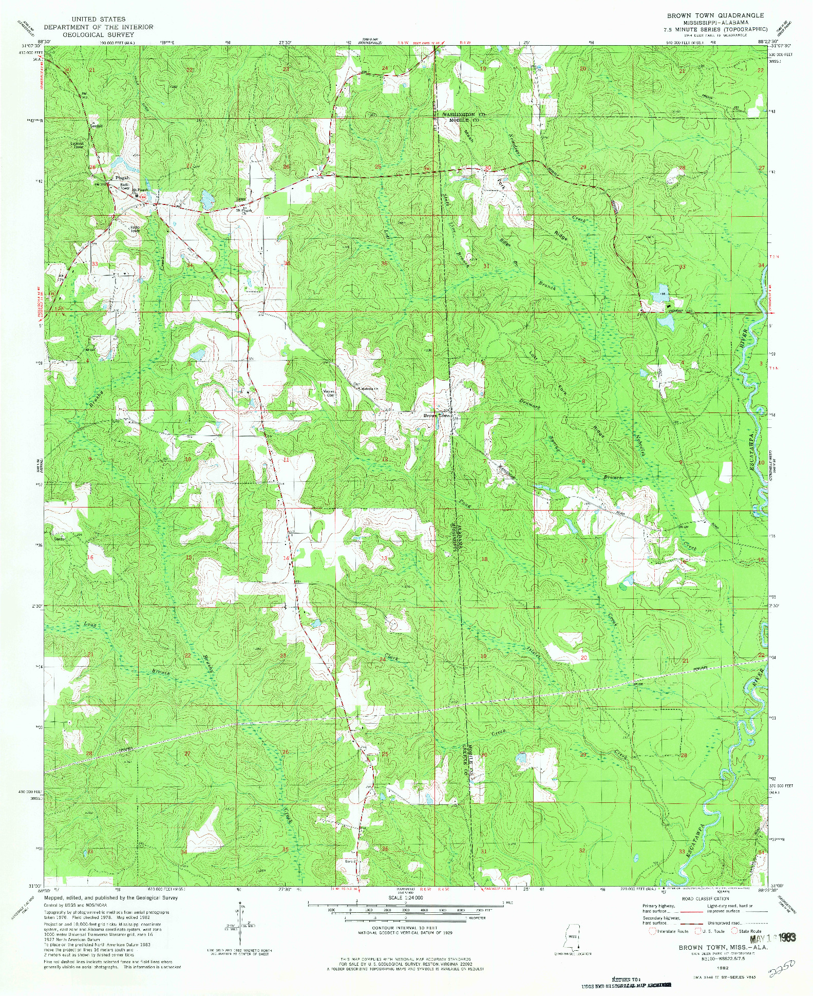 USGS 1:24000-SCALE QUADRANGLE FOR BROWN TOWN, MS 1982