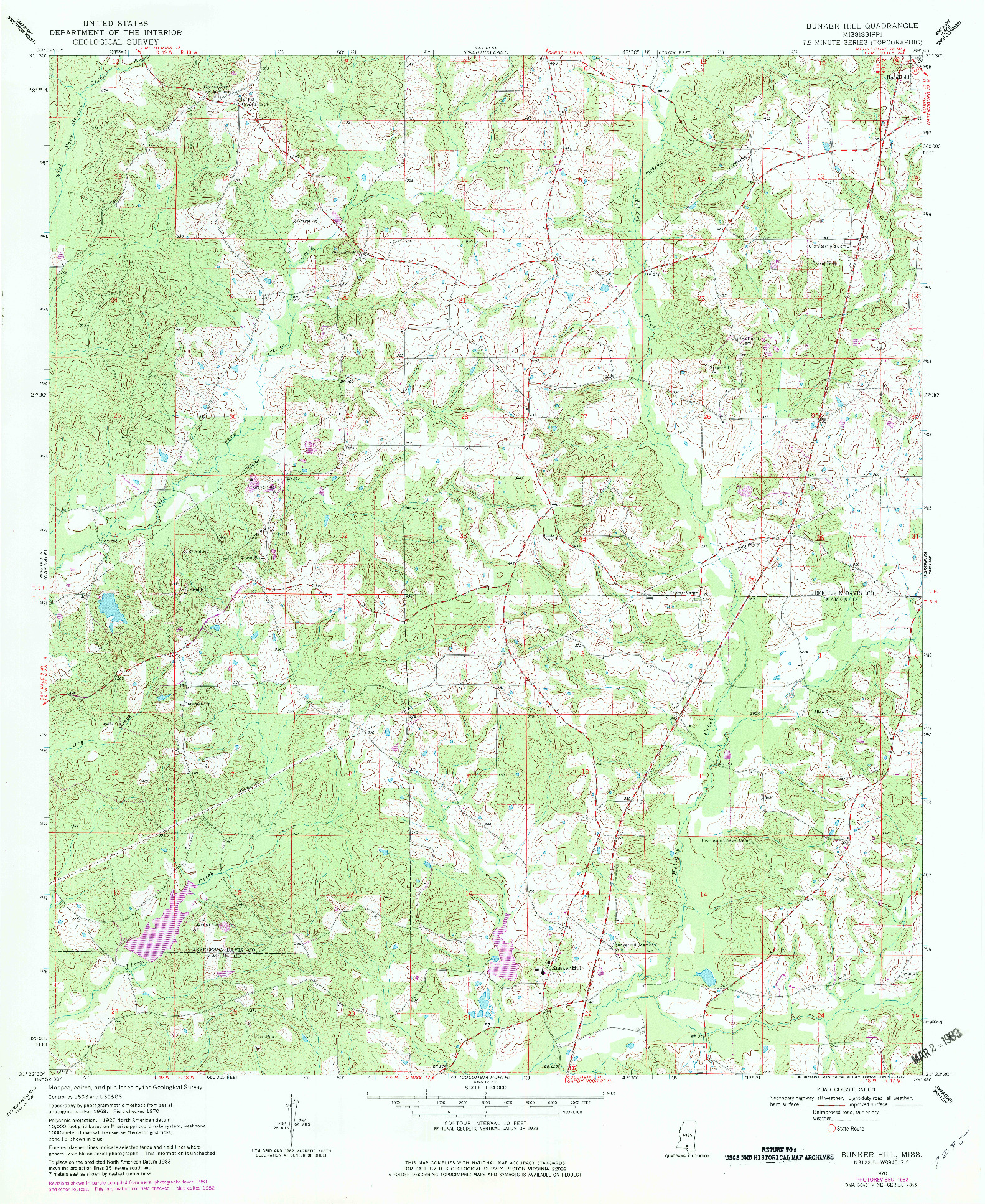 USGS 1:24000-SCALE QUADRANGLE FOR BUNKER HILL, MS 1970