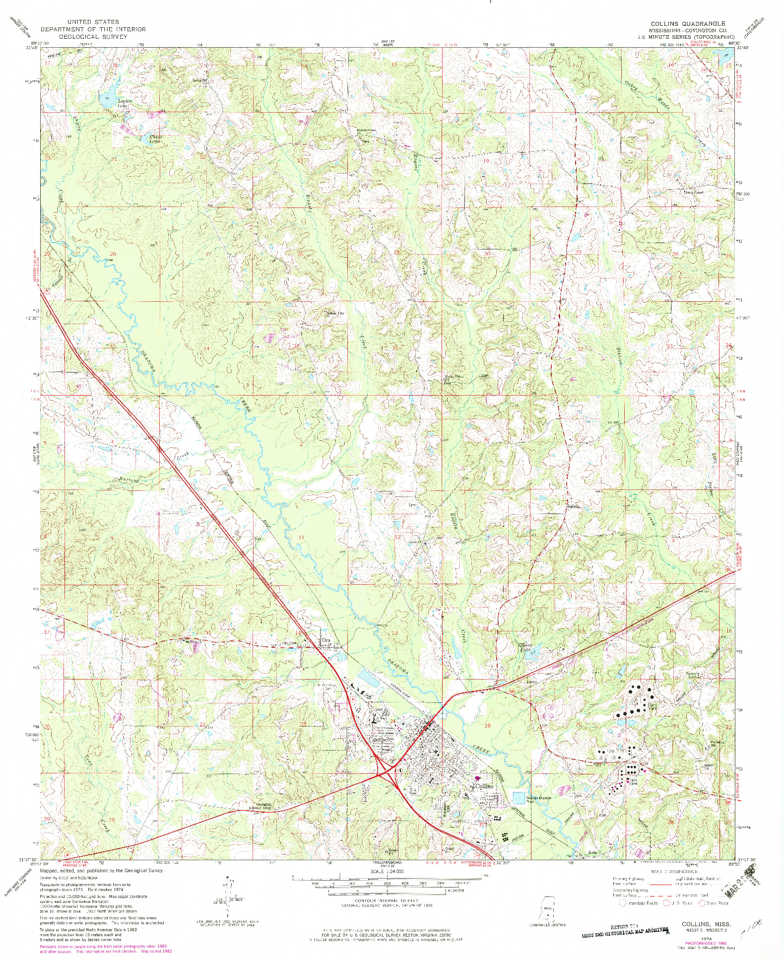 USGS 1:24000-SCALE QUADRANGLE FOR COLLINS, MS 1974